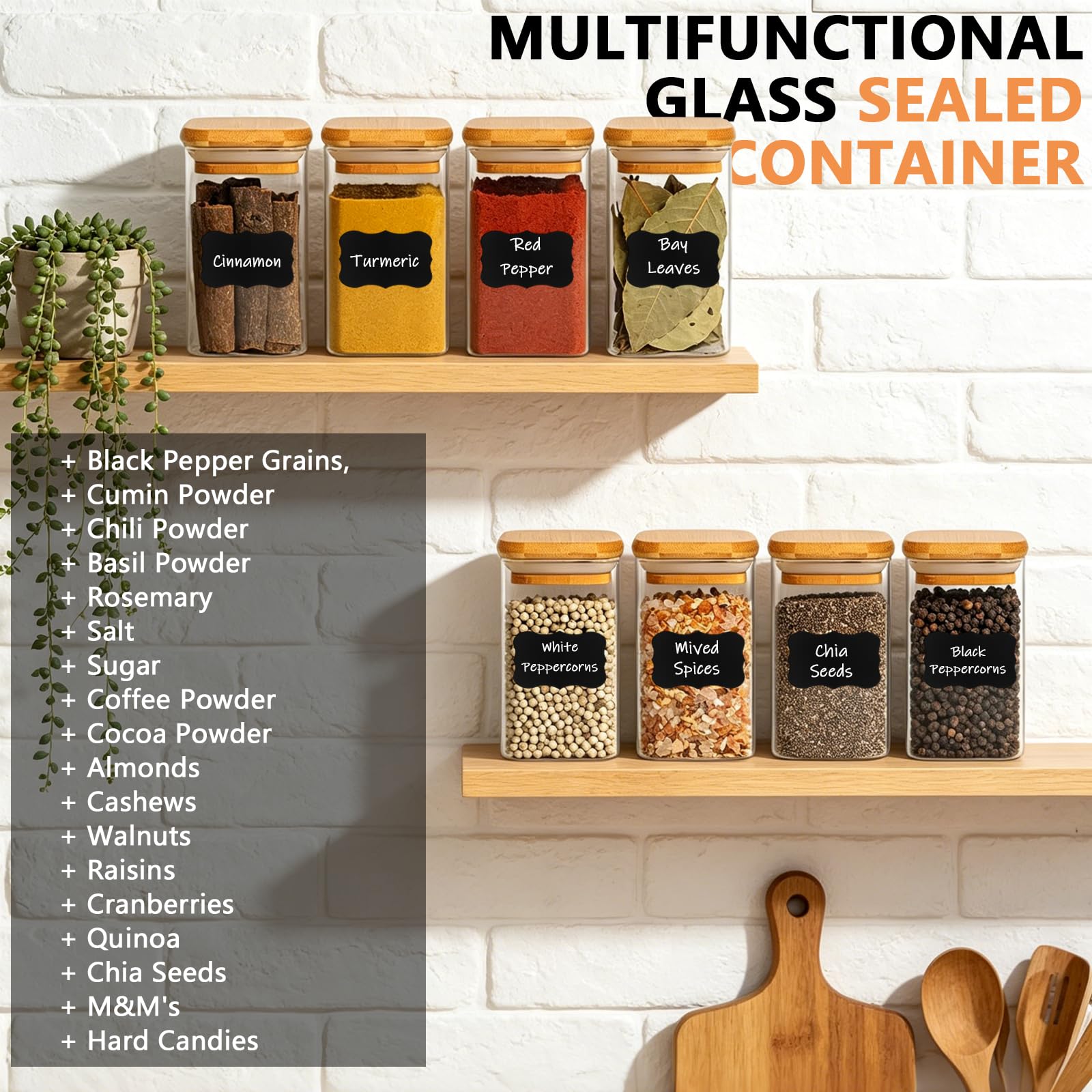 Tarros de especias de vidrio con tapa de bambú y etiqueta, paquete de 12 recipientes cuadrados de vidrio de 8 onzas/250 ml, tarros de especias de vidrio herméticos con tapas, recipiente de vidrio para