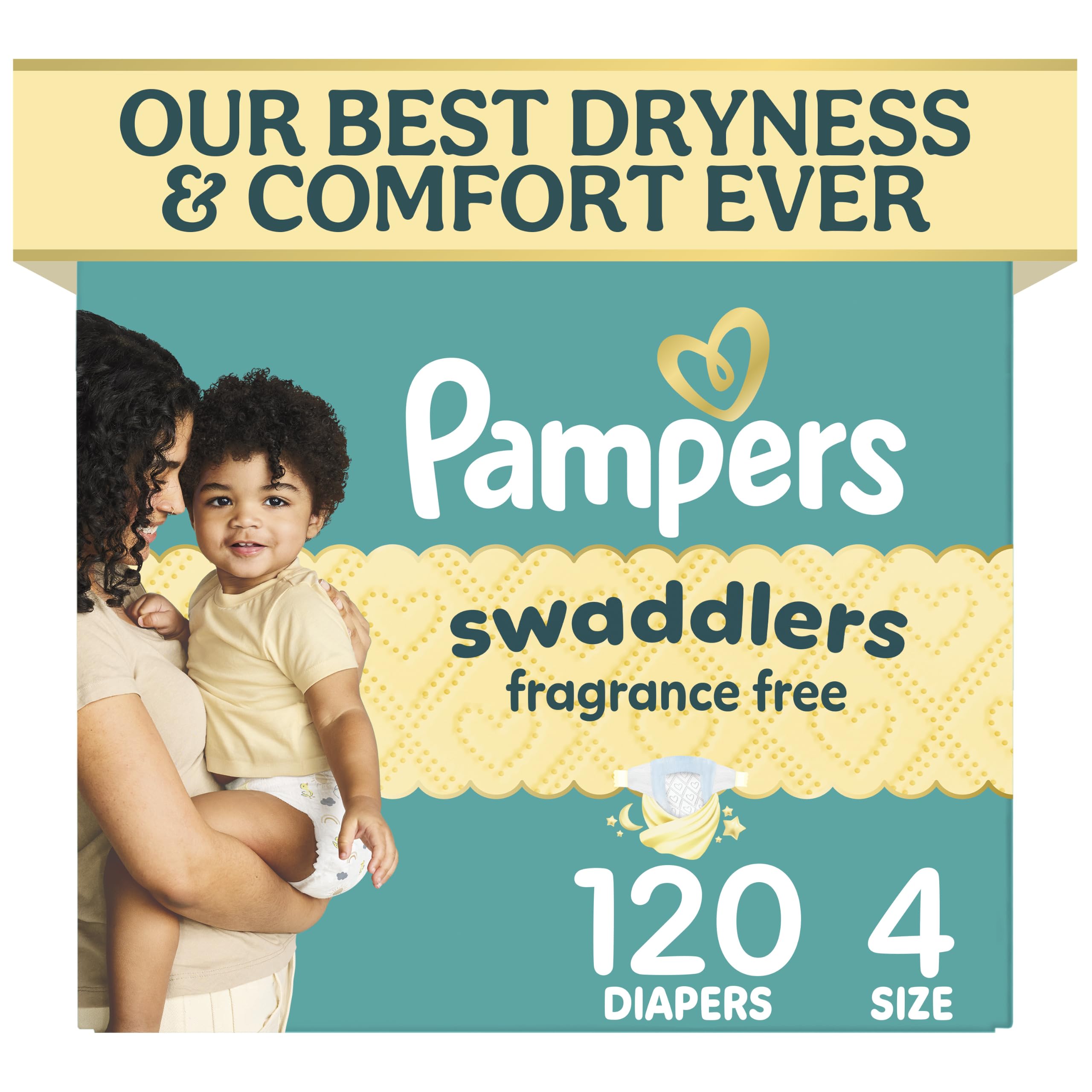 Pampers Swaddlers Diapers, Size 4 (15-34 lbs), 120 Count, Fragrance Free, Hypoallergenic, Absorbent, Pediatrician Recommended, Skin Safe Size 4 120