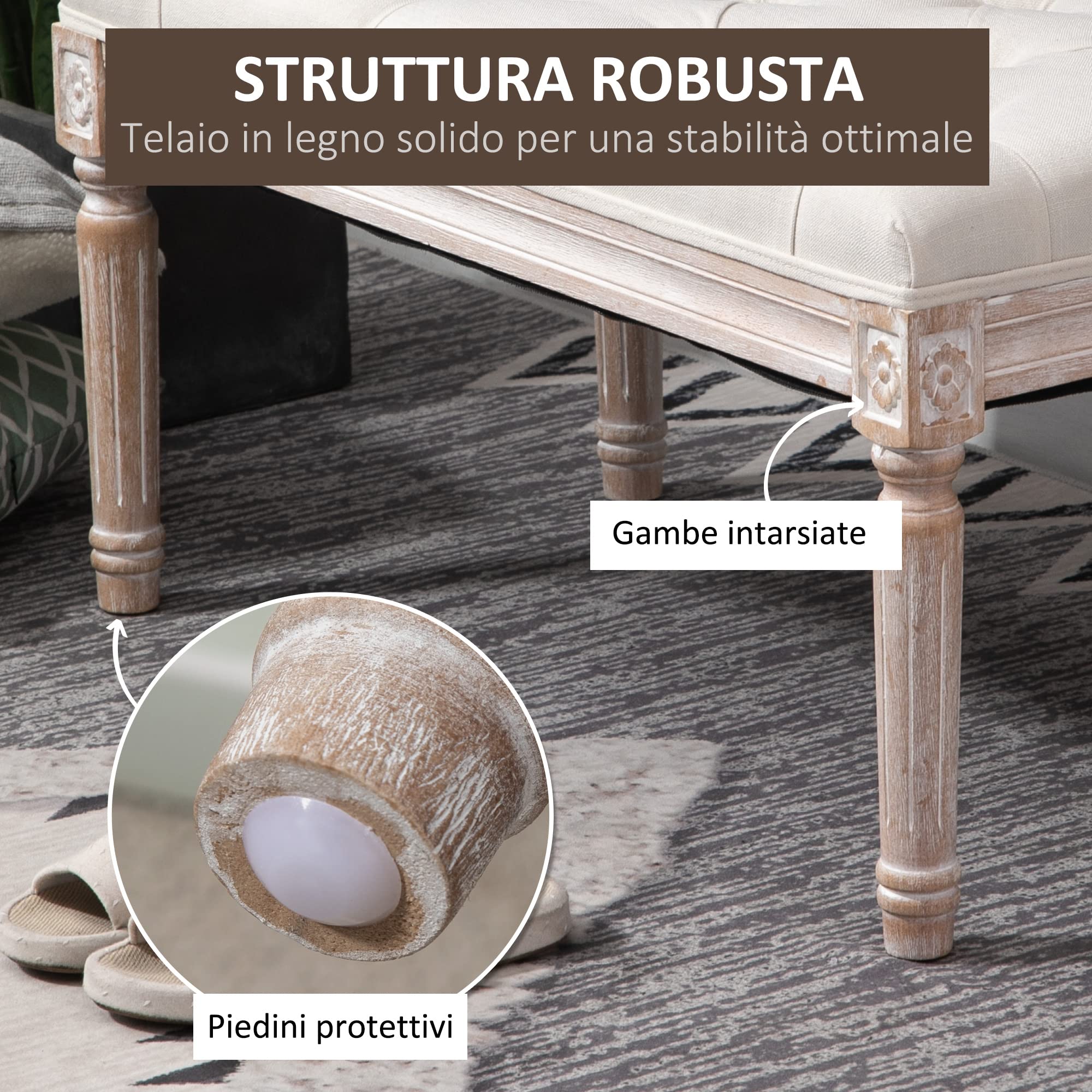 HOMCOM Panca Fondo Letto di Design Moderno, Panca Imbottita con Rivestimento Effetto Lino, Gambe in Legno, Vintage, Camera da Letto e Ingresso, 40x80x43 cm, Beige