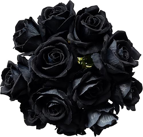 Miniatura 3 de UKELER 12 piezas de rosas artificiales, flores negras, rosas de seda con ramos de rosas de tallo largo para decoración del hogar, boda, fiesta,