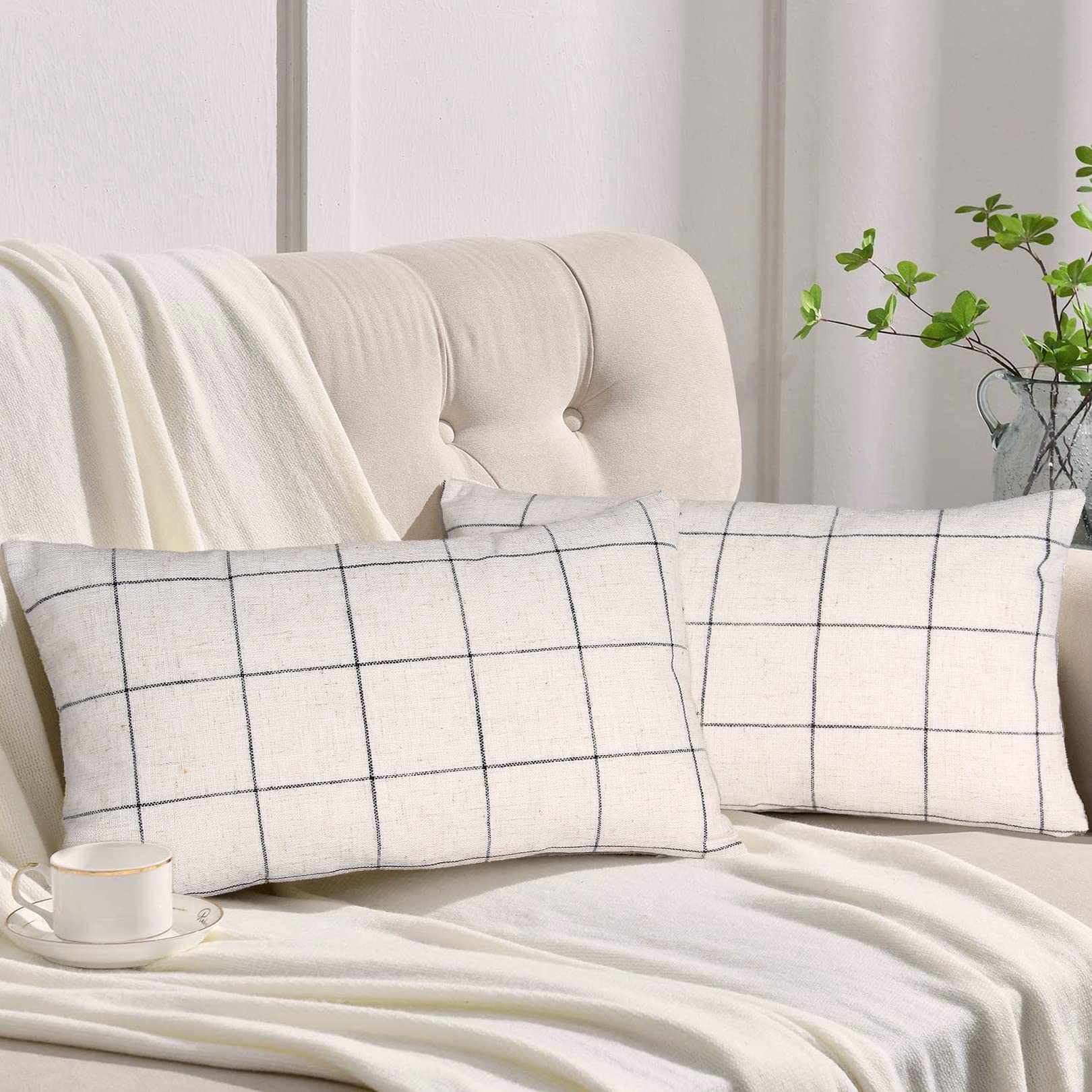 Basic Model Set of 2 Plaid Throw Pillow Covers Modern Farmhouse Decorative Linen Pillow Case for Sofa Couch Chair Bed 12 x 20 Inch Beige and Black