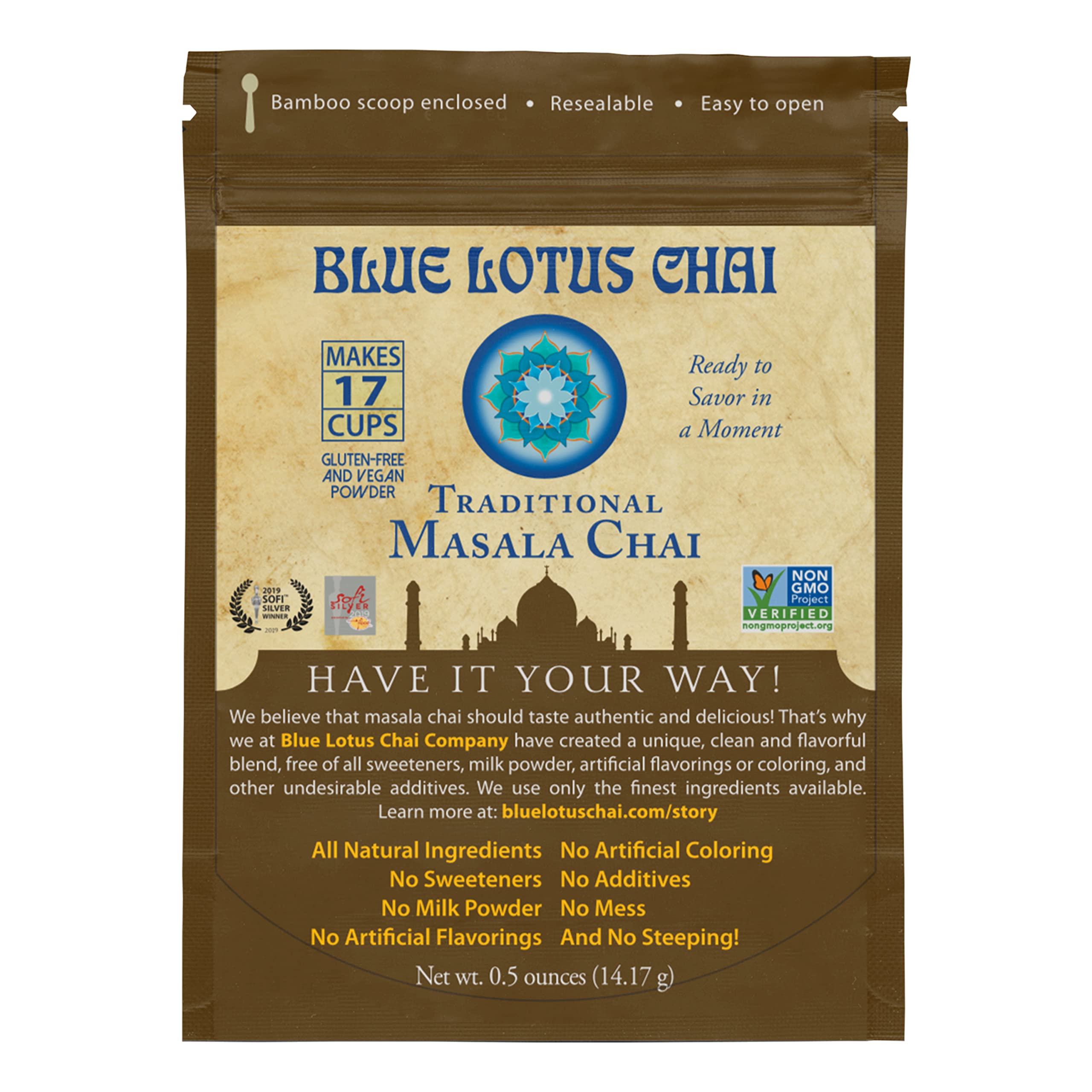 Blue Lotus Chai - Traditional Masala Chai - Makes 17 Cups - 0.5 oz Pouch Masala Spiced Chai Powder with Organic Spices - Instant Indian Tea No Steeping - No Gluten