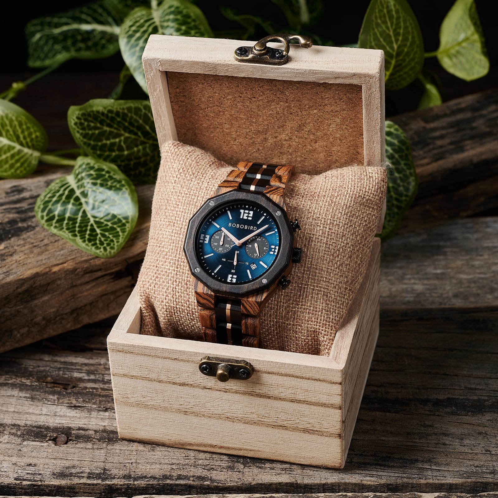 BOBO BIRD Herren Holzuhr Sport Mode Armbanduhr Casual Chronograph Quarz Uhren Männer Holz Edelstahl Armband Uhr mit Datumsanzeige