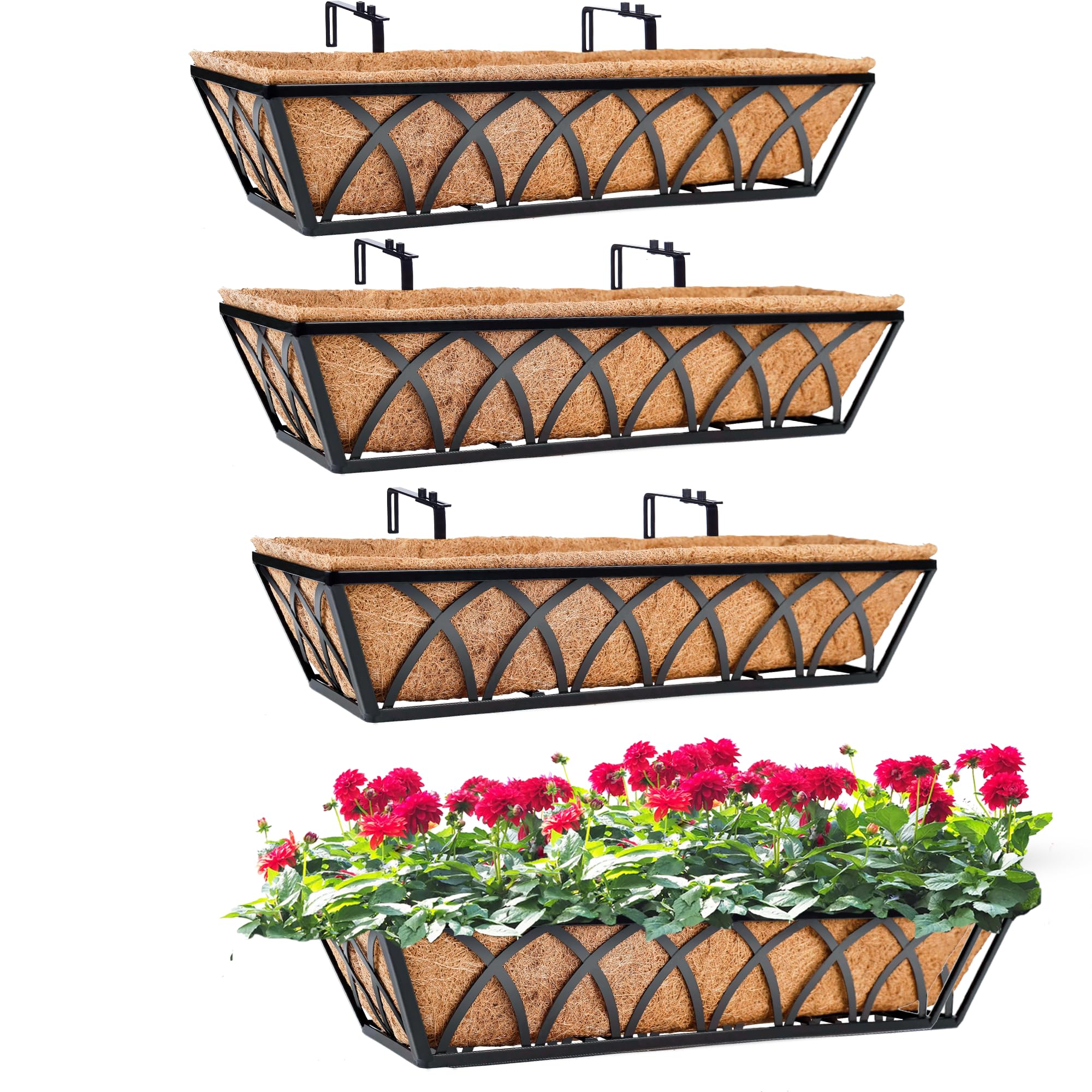 y&m 24 inch window deck with coco liner, fence metal hanging flower planter window basket deck railing planter boxes for outdoor garden lawn, 24" window boxes horse trough with coconut coir liner,4pcs