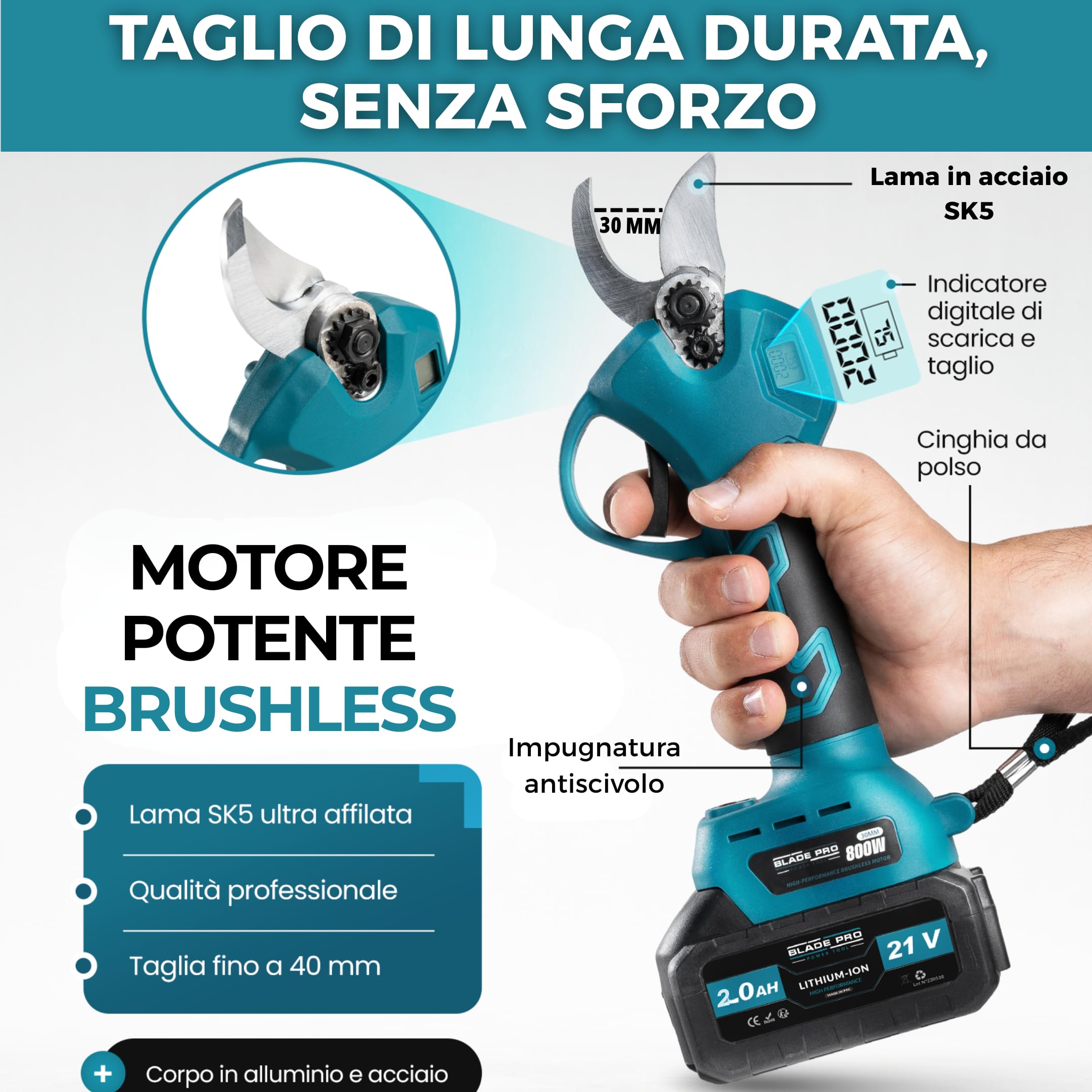 Forbici da Potatura a Batteria 21V, Motore Brushless 800W, Taglio 40mm - Lama SK5, 2 Batterie 2.0Ah Incluse, Display LCD - per Ulivo, Vite e Frutteto - BLADE PRO