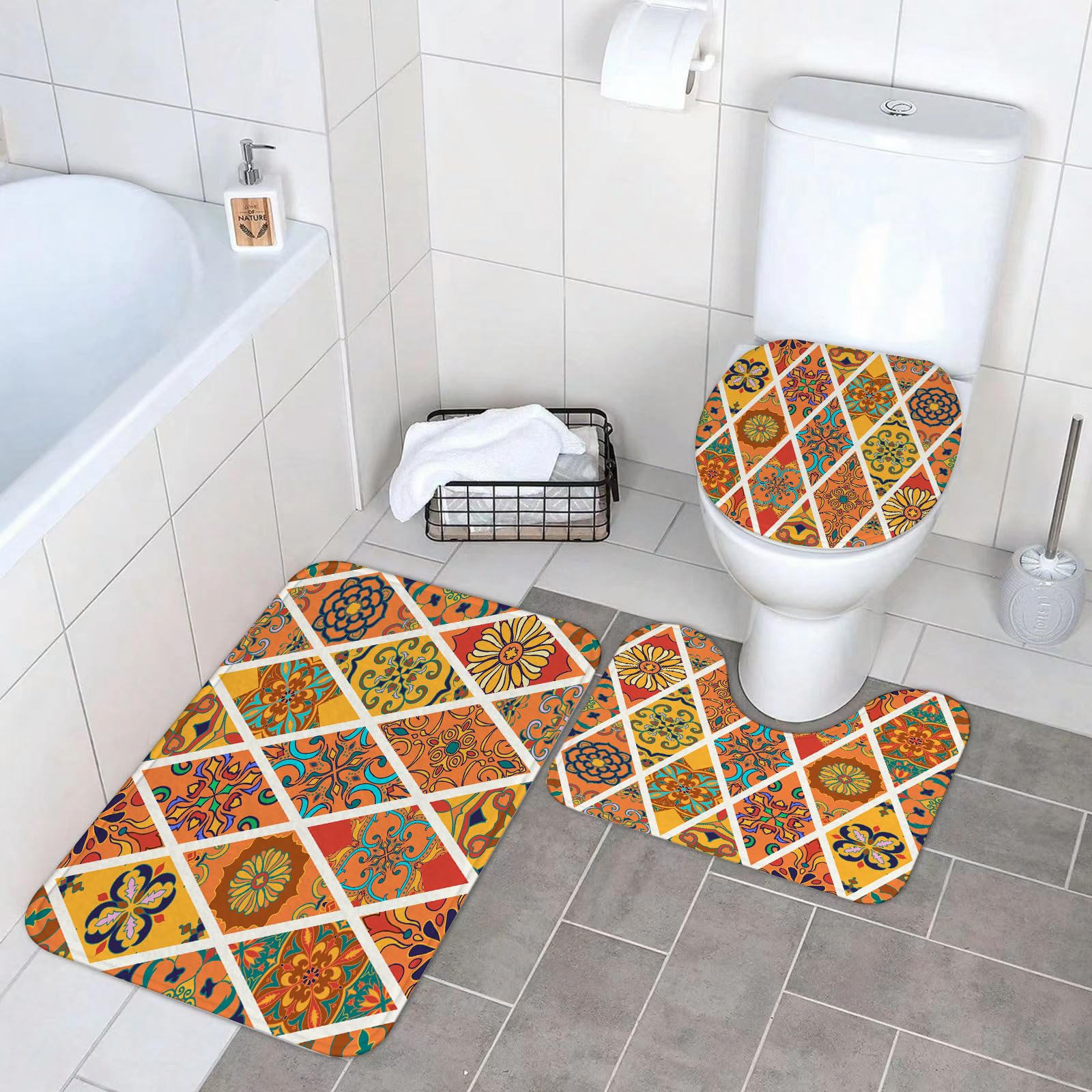 Set di 3 tappetini da Bagno, Lavabili in Lavatrice e Antiscivolo, in Morbida Fibra Superfine, con Trama vettoriale Senza Cuciture. Bellissimo Design a Patchwork e alla Moda.