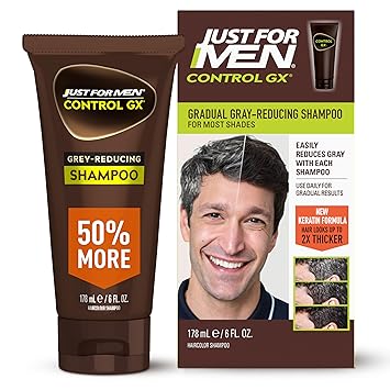 Just for Men Control GX Grey Reducing Shampoo, Gradual Hair Color with Keratin for Stronger Thicker and Healthier Looking Hair, 6 Fl Oz - Pack of 1