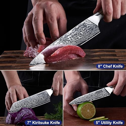 Miniatura 5 de Topfeel Damascus Knife Set 3PCS, Damascus Japanese VG-10 stainless steel Chef Knife Set Professional, Ultra-Sharp Kitchen Cooking Knife with