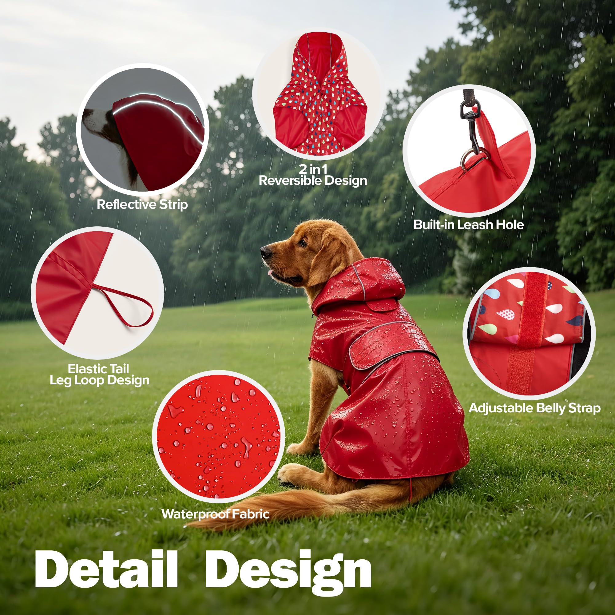 Kimee Impermeable para perro, reversible, poncho de un solo lado, ajustable, impermeable, con agujero para correa, rayas reflectantes, capucha, a prueba de nieve, resistente al viento, para perros