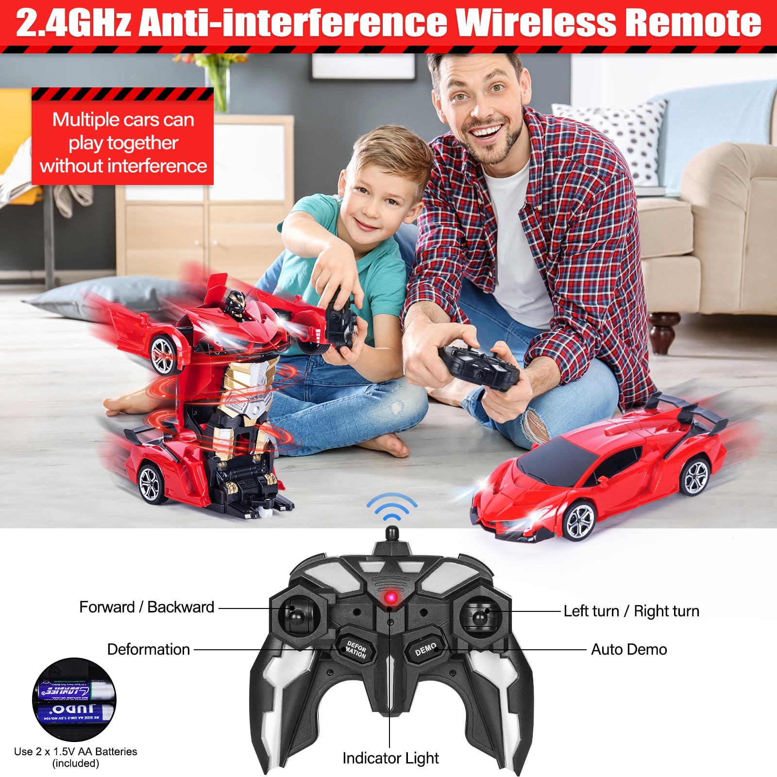 Highttoy Macchina Telecomandato Robot,Auto Telecomandata Robot Rotazione 360° con Rilevamento Gesti, Luce e Musica Trasformatore Giocattoli Bambini 3 4 5 6 7 8 Anni Robot Giocattolo Bambina Rosso
