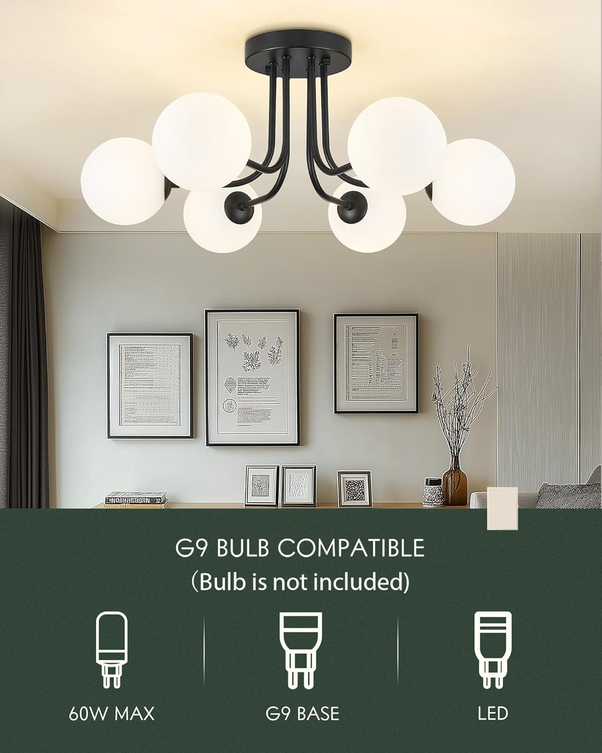 matte black semi flush mount ceiling light in modern farmhouse design features 6 frosted glass shades, ideal for the living room, bedroom, or dining room. model:ckcl4845-6w-bk 6 light-black & frosted glass