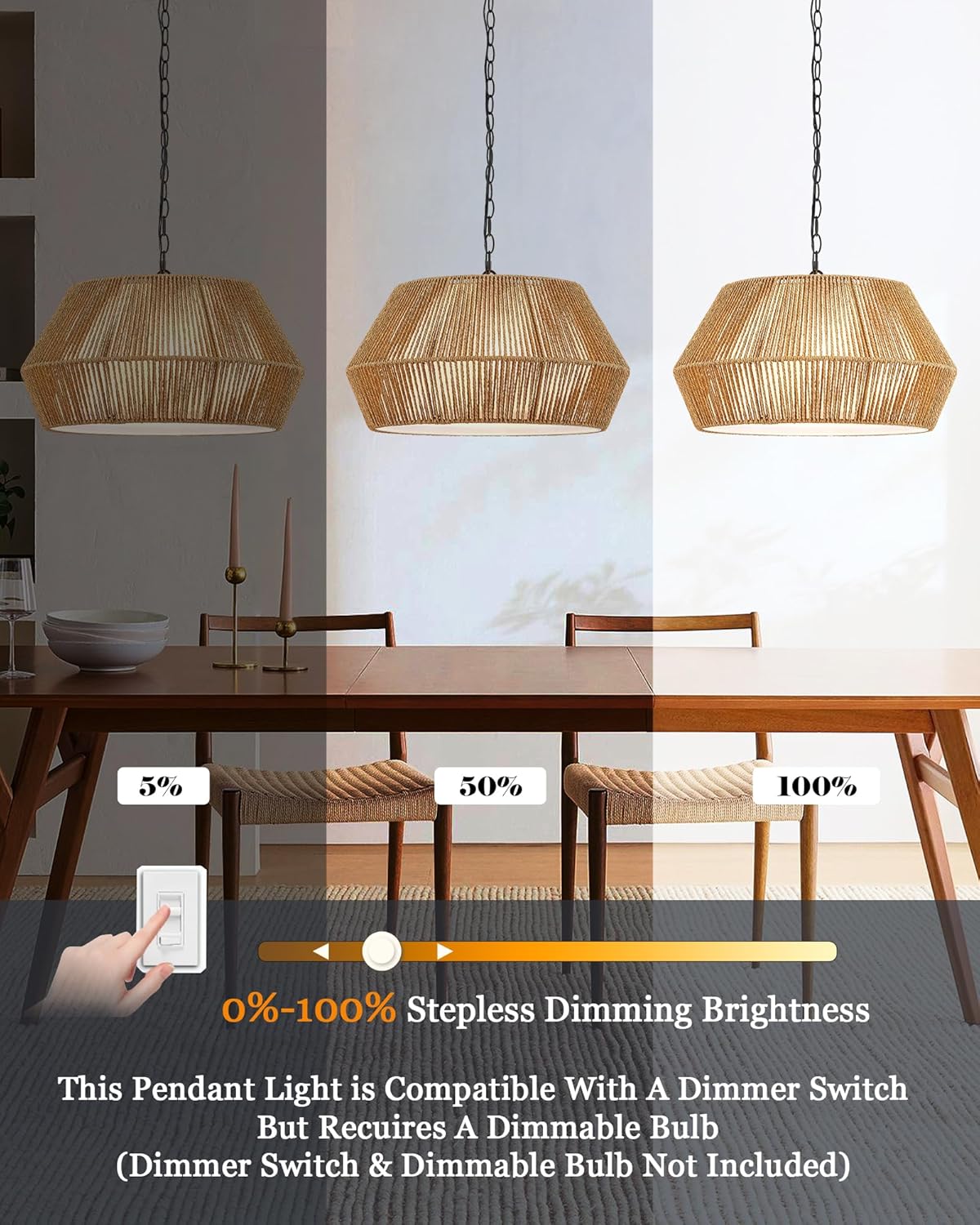 ELYONA 20" Large Rattan Chandelier Light Fixtures, 4-Lights Boho Pendant Light, Adjustable Woven Chandelier for Dining Room with Fabric Shade, Rustic Hanging Light for Kitchen Island,Living Room