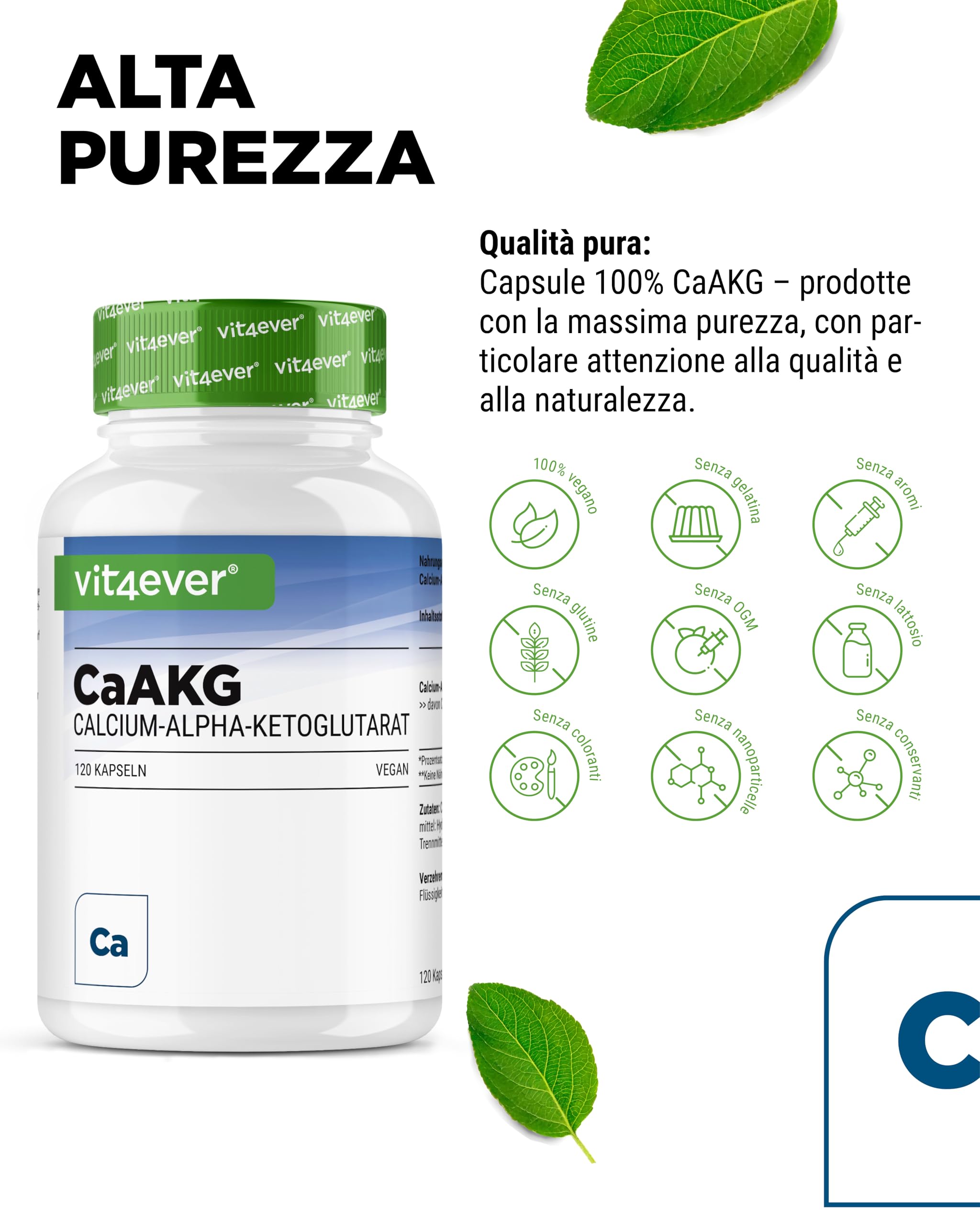 CaAKG - Calcio Alfa-Chetoglutarato - 120 Capsule - Alto Dosaggio con 1100 mg di Dose Giornaliera - Calcio Puro e Alfa-Chetoglutarato Senza Additivi Inutili, Vegano