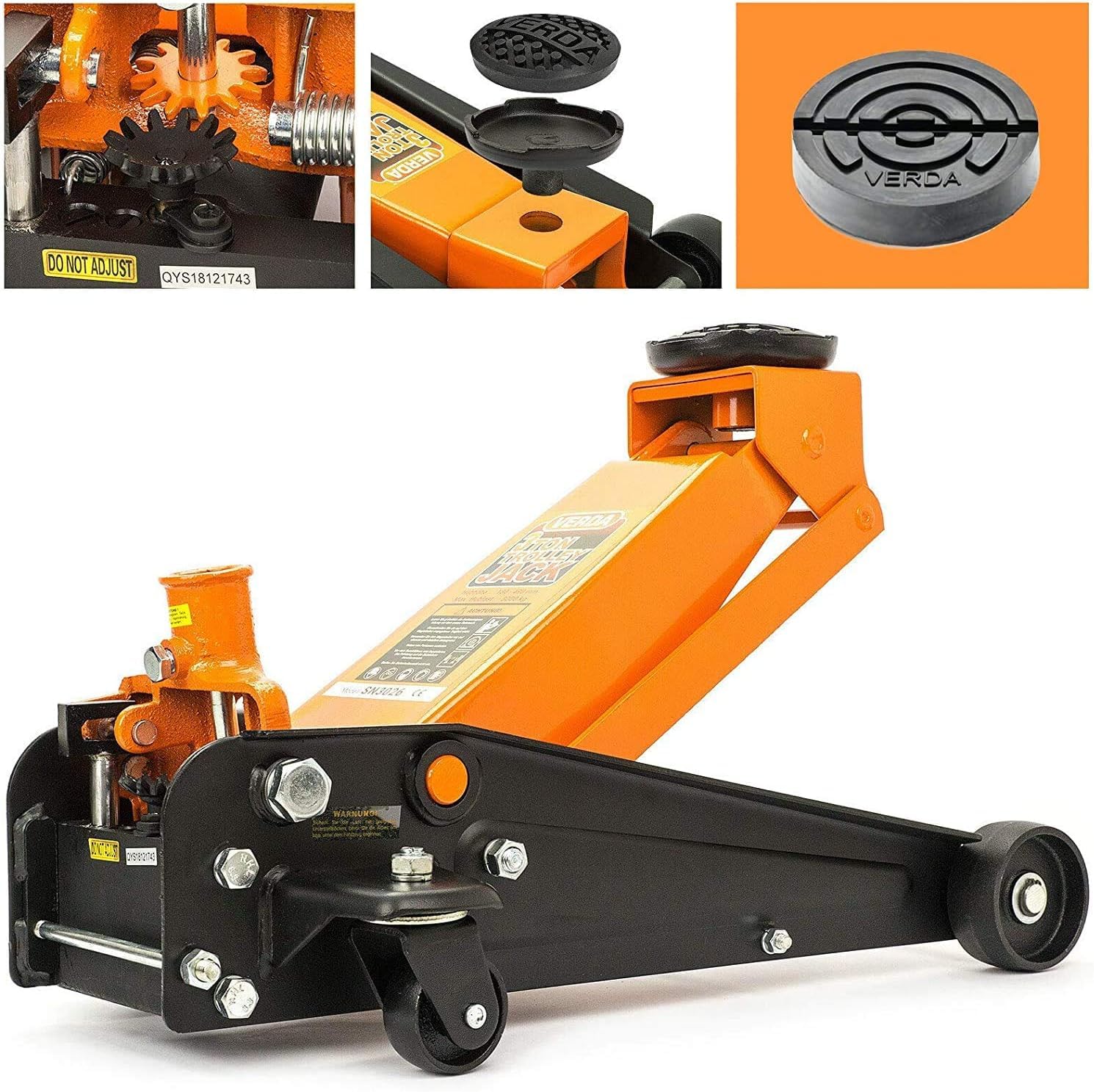 Verda Gato Hidráulico de Carretilla 3 T, Altura de Elevación 130-490 mm, Incluye 2 Almohadillas de Goma y Guantes, Gato para Coche, Turismo, Autocaravana y Todoterreno, Uso Profesional