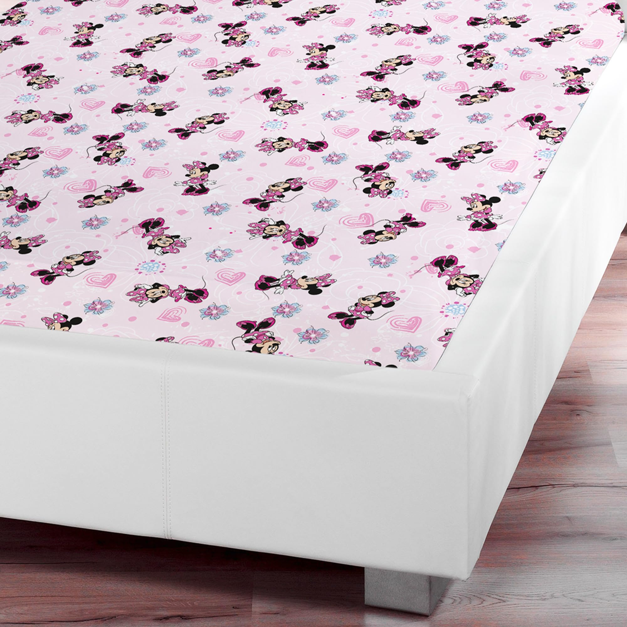 Minnie, lenzuolo con angoli elasticizzati con motivo floreale, rosa, 90/100 cm x 190/200 cm, 100% cotone, motivo: Minnie Topolino Disney Mickey Sweet Love, lenzuolo con angoli elasticizzati per