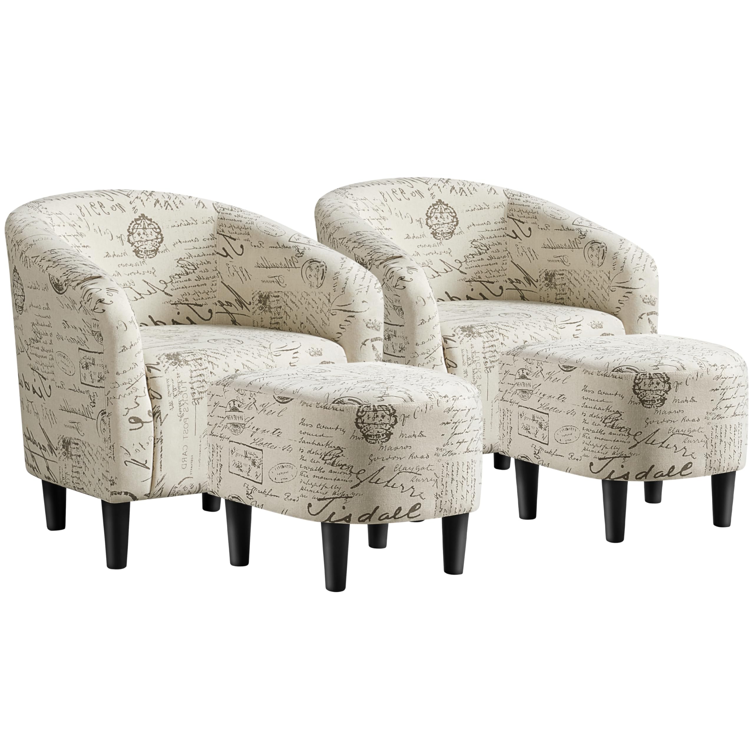 Yaheetech Accent Chair with Foot Rest, Mid Century Modern Upholstered Soft Barrel Chair, Comfy Fabric Armchair and Footrest Set for Living Room/Bedroom/Reading Room, Set of 2 Letter Print