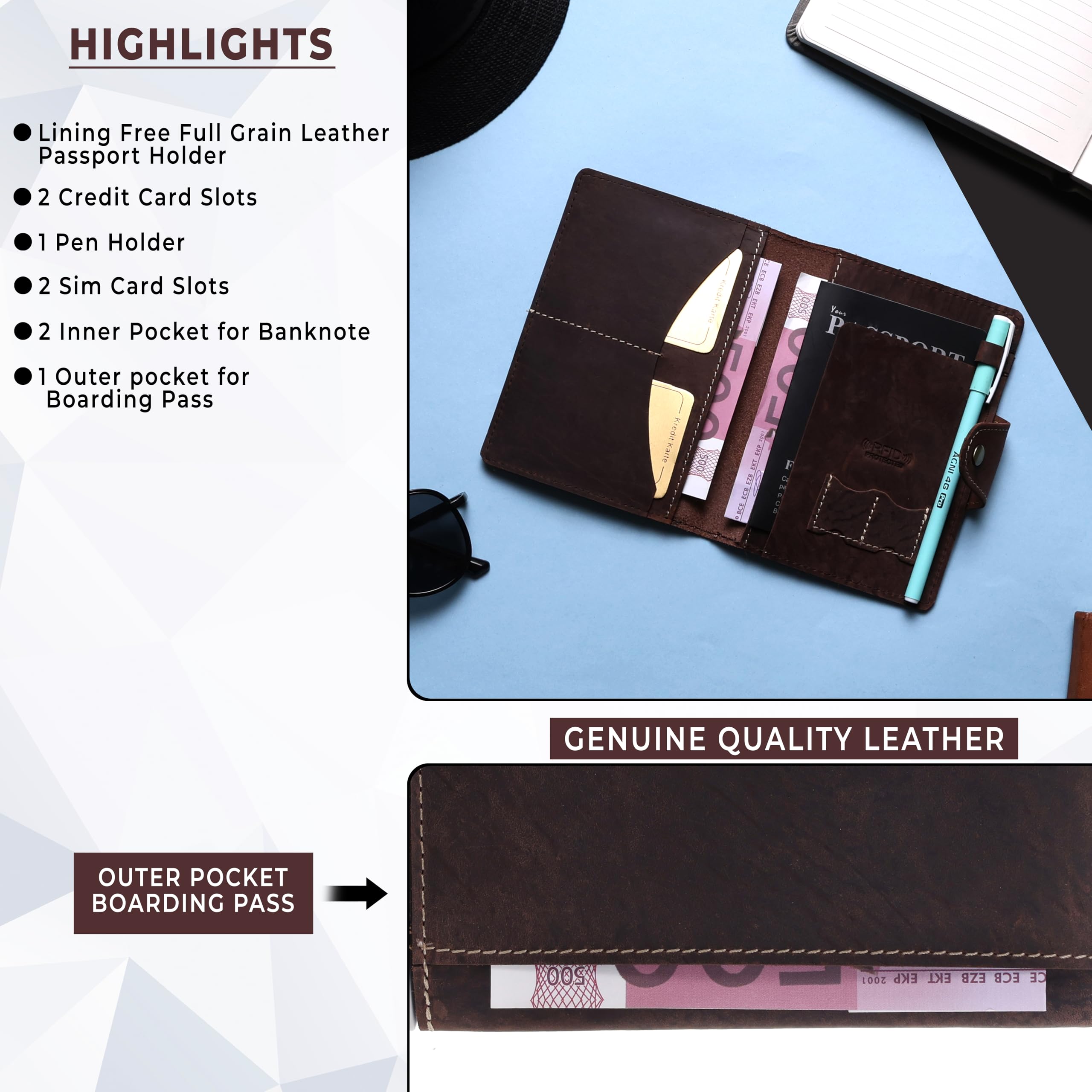 Genuine Full Grain Leather Passport Holder Minimalist RFID Travel Wallet Snap Bifold 1-2 Passport Case Credit Card Pen Slot Sim Card Holder Boarding Pass Outer Pocket 14.5 cm x 11 cm Light Brown,