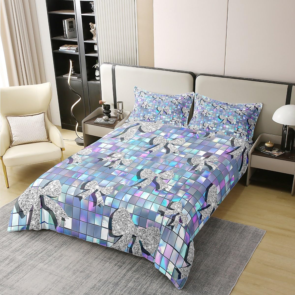 Homewish Diamentowa kokarda king zestawy pościeli kokarda bawełniana poszewka na kołdrę tęczowa opalizująca kratka 3D muszka poszewka na kołdrę błyszcząca księżniczka dziewczęcy motyw pościel zestaw
