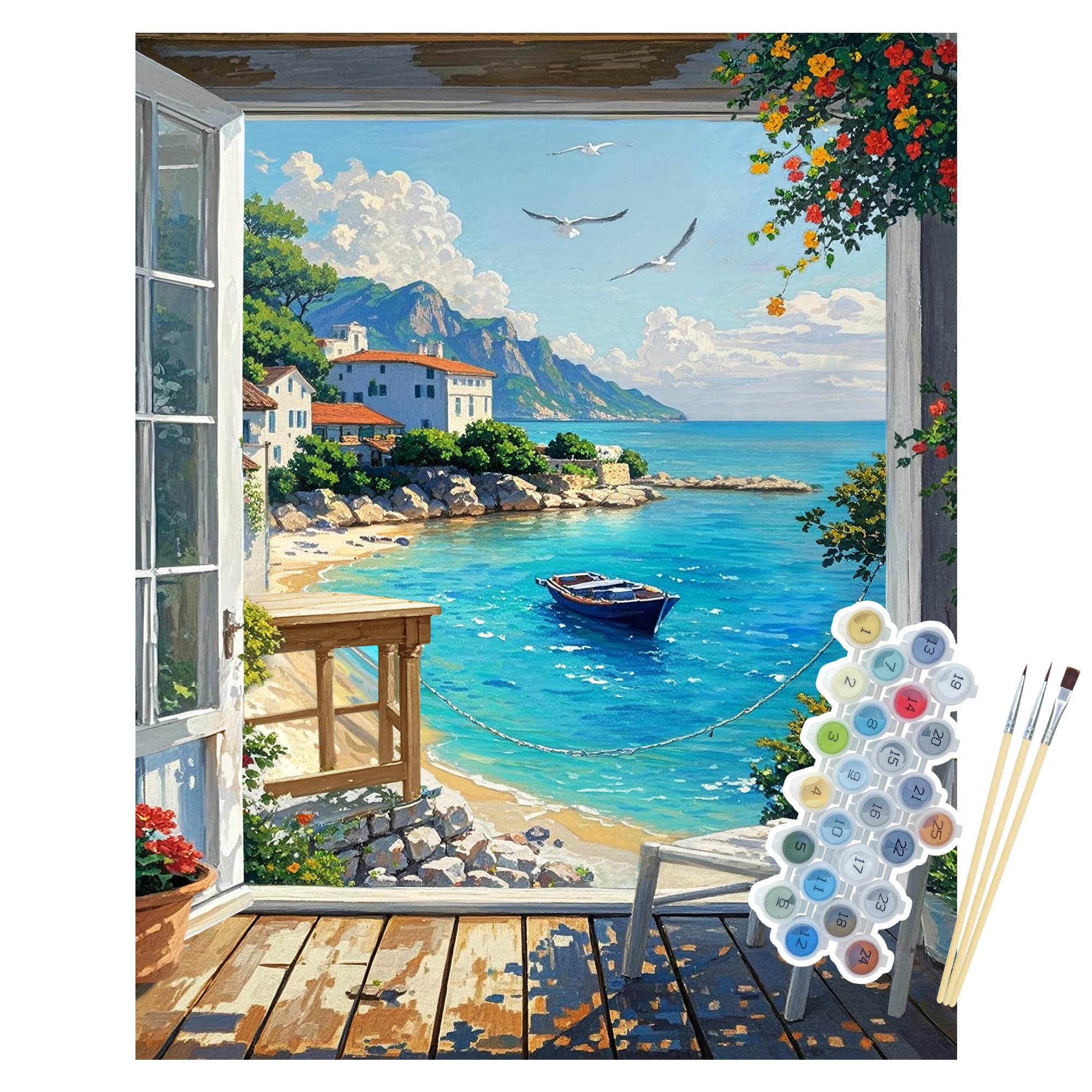NPCSWXQ Paint by Numbers Kit for Adults Beginners, Seaside View Paint by Numbers Canvas Kits,DIY Landscape Acrylic Painting Crafts Number for Home Wall Bedroom Study or Office Decor Gift 16x20In