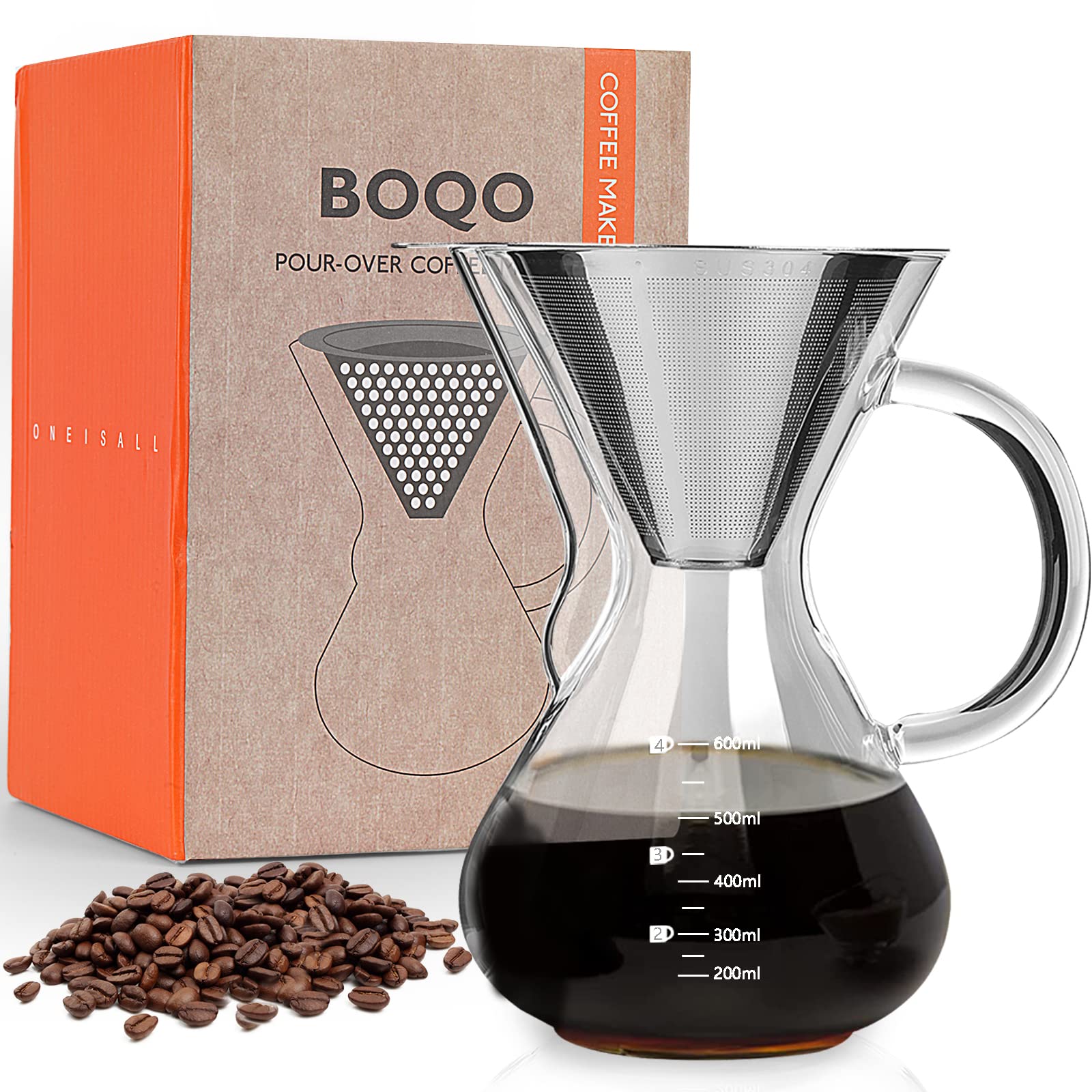 Pour Over Coffee Maker Set, Borosilicate Glass Carafe Hand Drip Filter Coffee Maker with Handle and Scale(800ml/27oz).