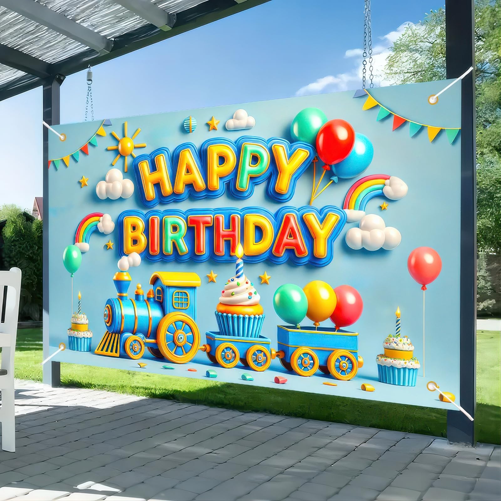 Blissyard Happy Birthday Backdrop Banner - 71x43 Inch Rainbow Cloud Design - View #3