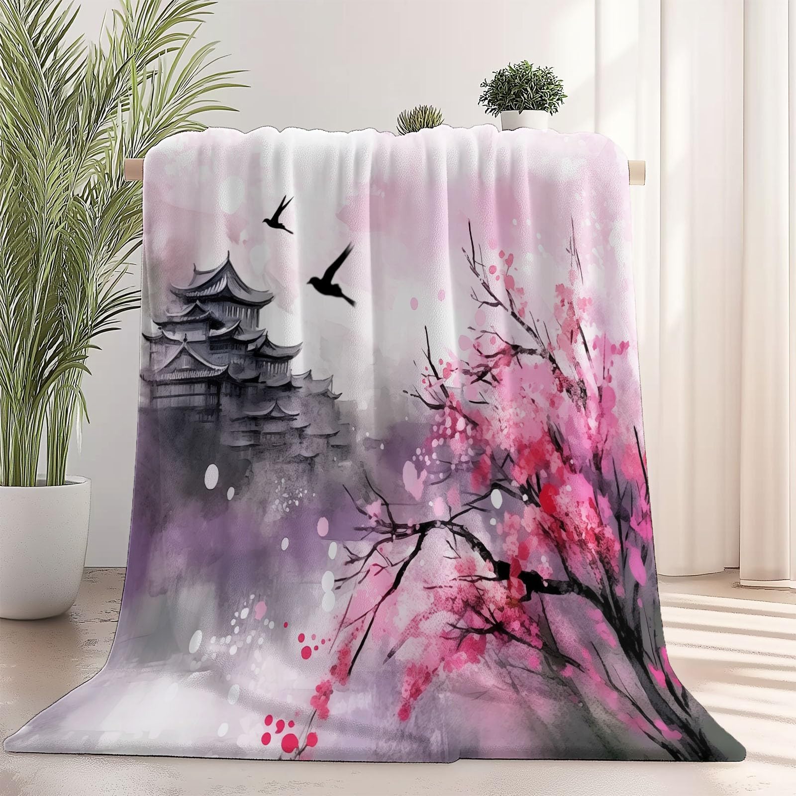 Koc polarowy 200 x 220 cm chiński obraz tuszem kwiaty śliwki różowy koc flanelowy dla 2 osób, nadruki, miękkie i ciepłe na sofę łóżko