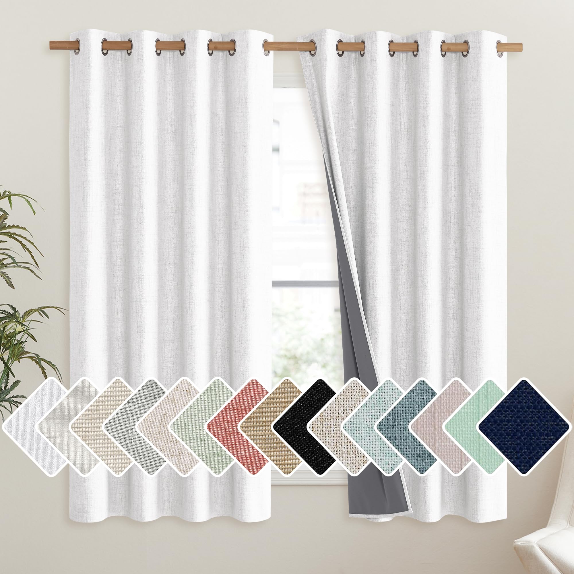 NICETOWN 100% Absolutely Blackout Linen Curtains with Thermal Insulated Liner, Greyish White, 52" Wide, 45" Length Energy Saving Curtains for Living