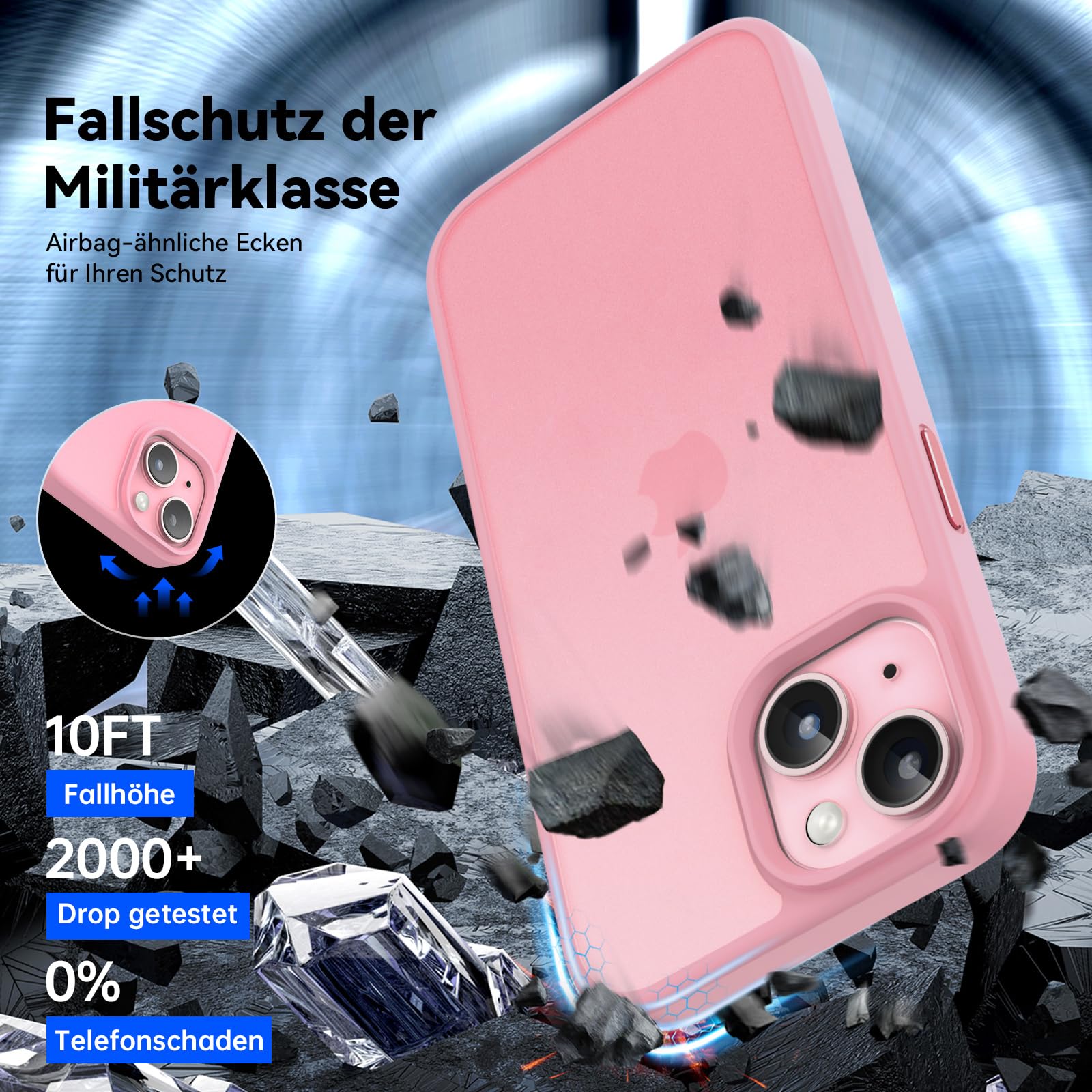 Opkiegrn Cover per iPhone 16e / 15/14 / 13, Antigraffio Antiurto Anti Ingiallimento Antishock Anticaduta Grado Militare Potettiva, Slim Trasparente HD Custodia per iPhone 16e / 15/14 / 13, Rosa Calda