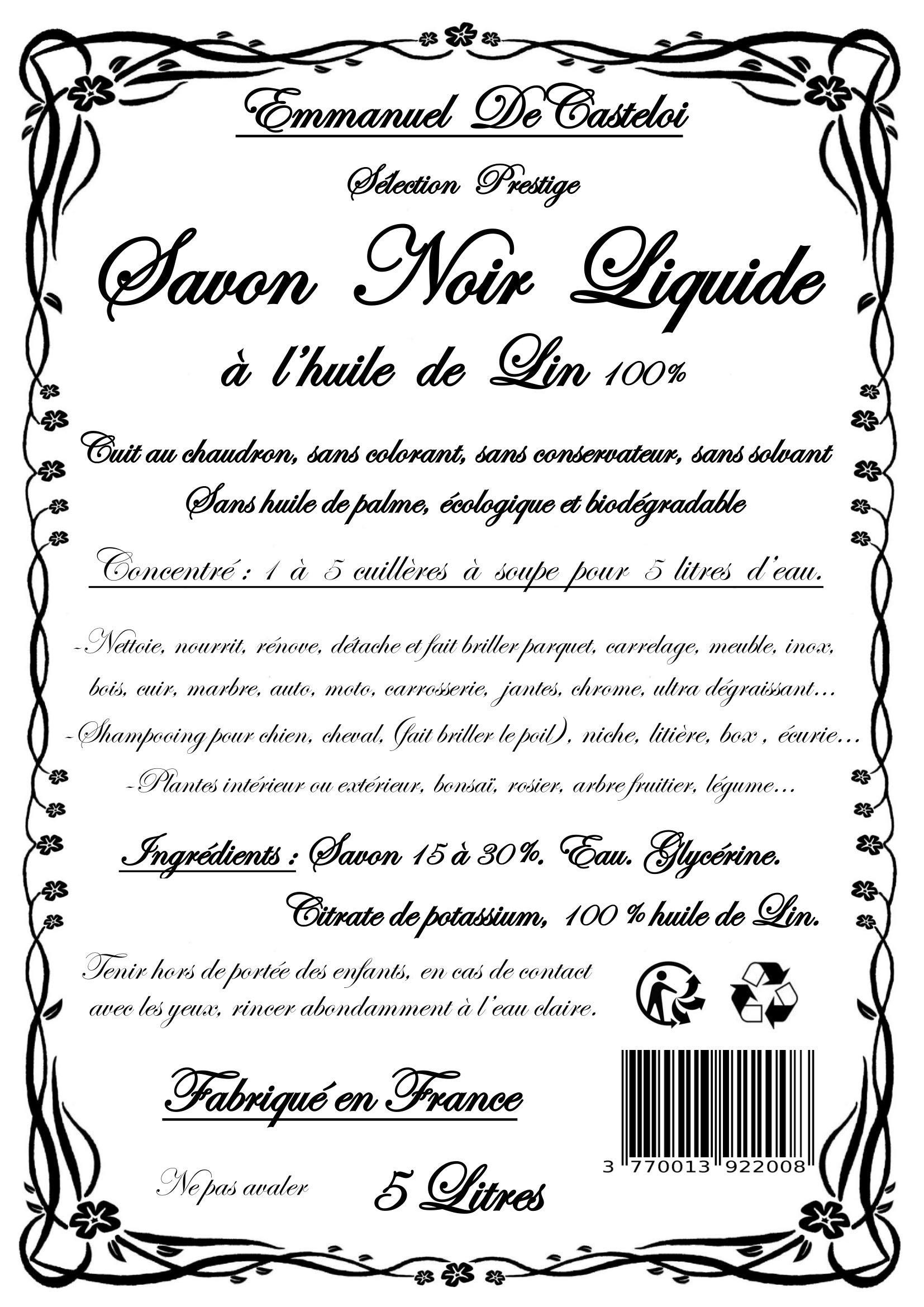 Jabón negro líquido con aceite de linaza, selección de prestigio, hogar, natural, sin enjuagar, ecológico, biodegradable, sin aceite de palma ni disolvente ni conservador, 5 l fabricado en Francia