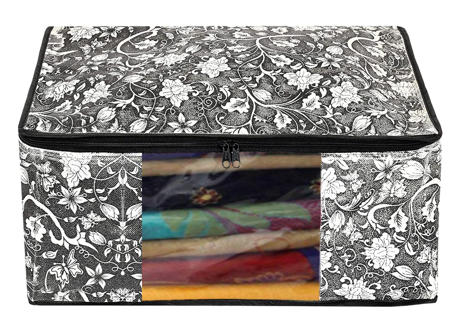 Kuber Industries Funda para ropa no tejida con diseño de flores, organizador con ventana transparente, paquete de 12 (gris y crema)-44KM0360