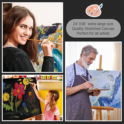 Miniatura 6 de Ctosree Paquete de 2 lienzos estirados para pintar, lienzo grande de algodón negro, lienzo grande con triple imprimado, lienzos en blanco para