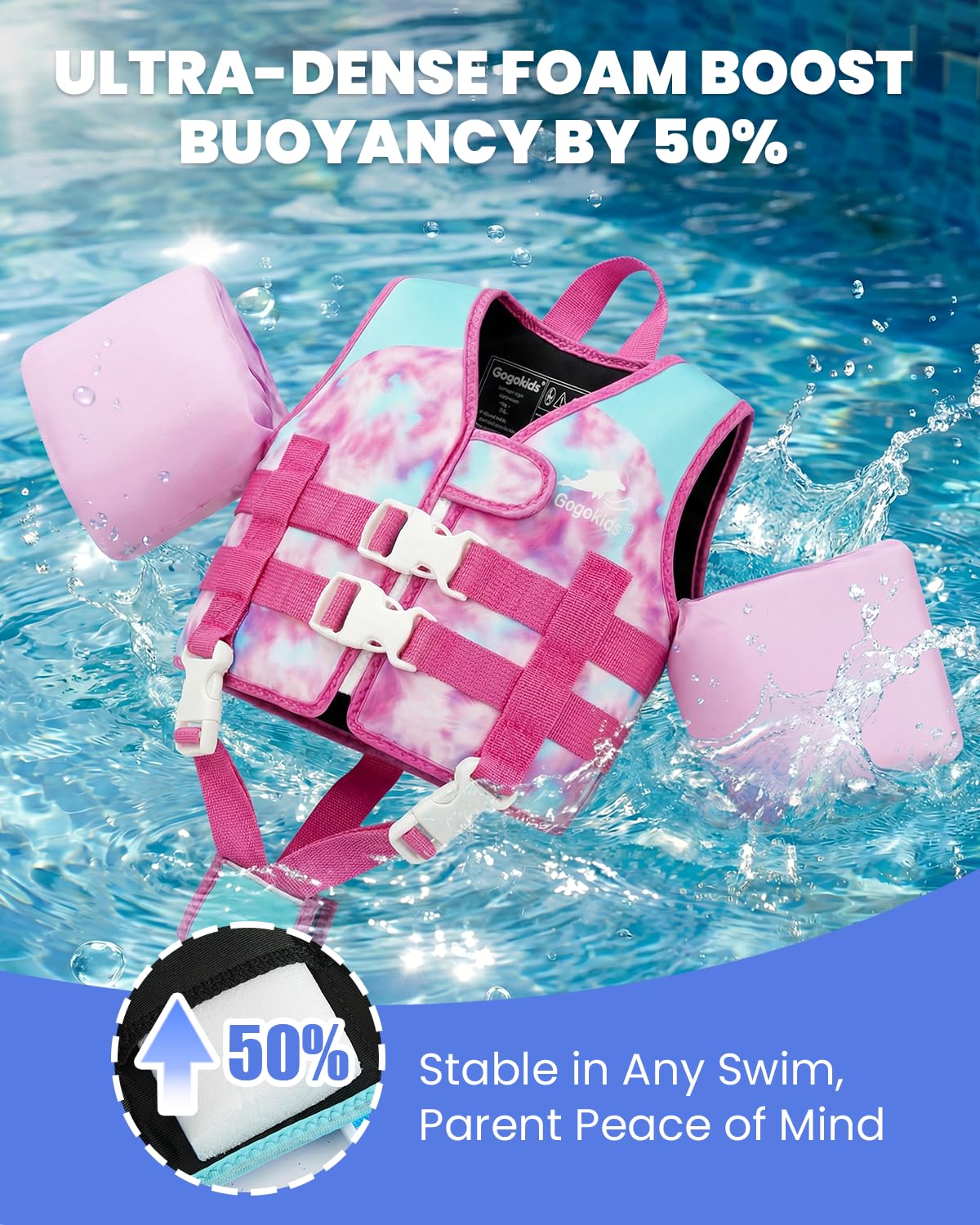 Gogokids Gilet da Nuoto per Bambini con Braccioli, Stile Giacca Galleggiante, Cinghie Regolabili (1-6 Anni/9-30 kg)