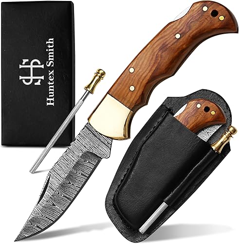 Cuchillo de bolsillo para hombres, cuchillo de caza de 6.75 pulgadas con funda de cuero, cuchillos de bolsillo de Damasco mejor para exteriores e