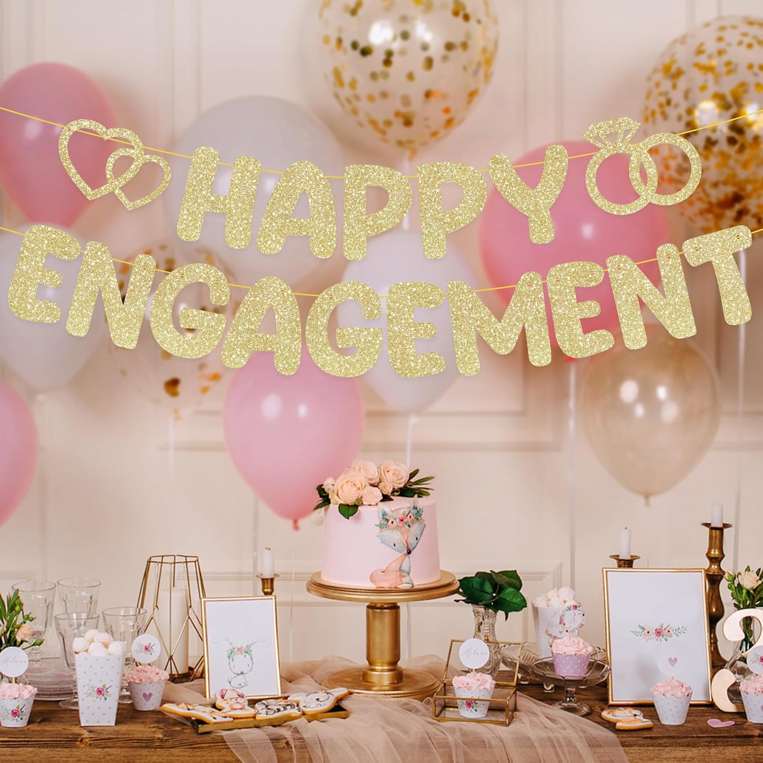Pre-Strung Engagement Party Decorations,Glitter Happy Engagement Banner,Engaged Banner Congratulations Wedding for Bachelorette Party Shower Signs Decor（ Champagne Gold ）