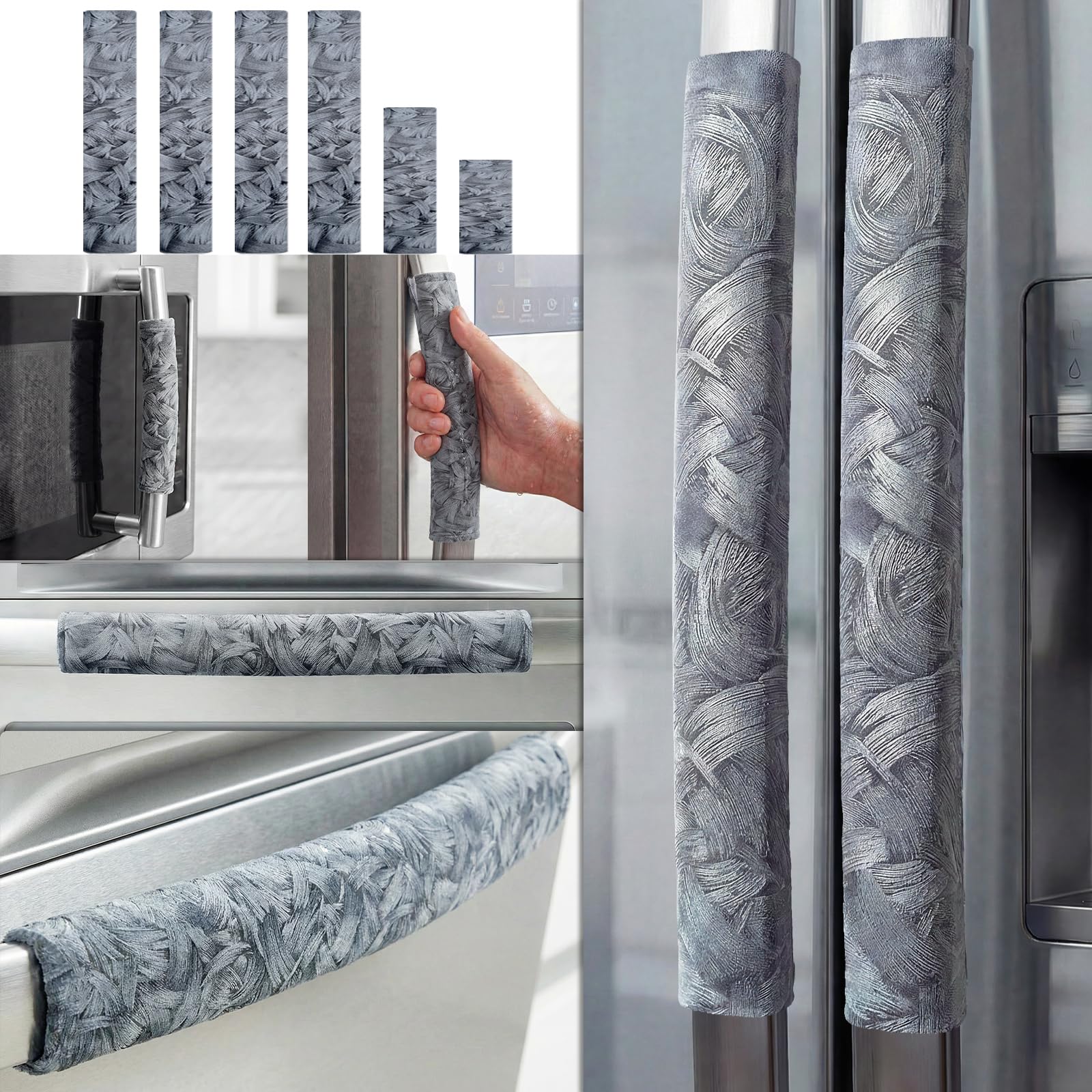 Set of 6 Refrigerator Door Handle Covers, Washable Velvet Fabric Appliance Handle for Fridge Microwave Stove Dishwasher Catch Stains Dust Fingerprint Prevent Ice hot Hand (Wind Grey)