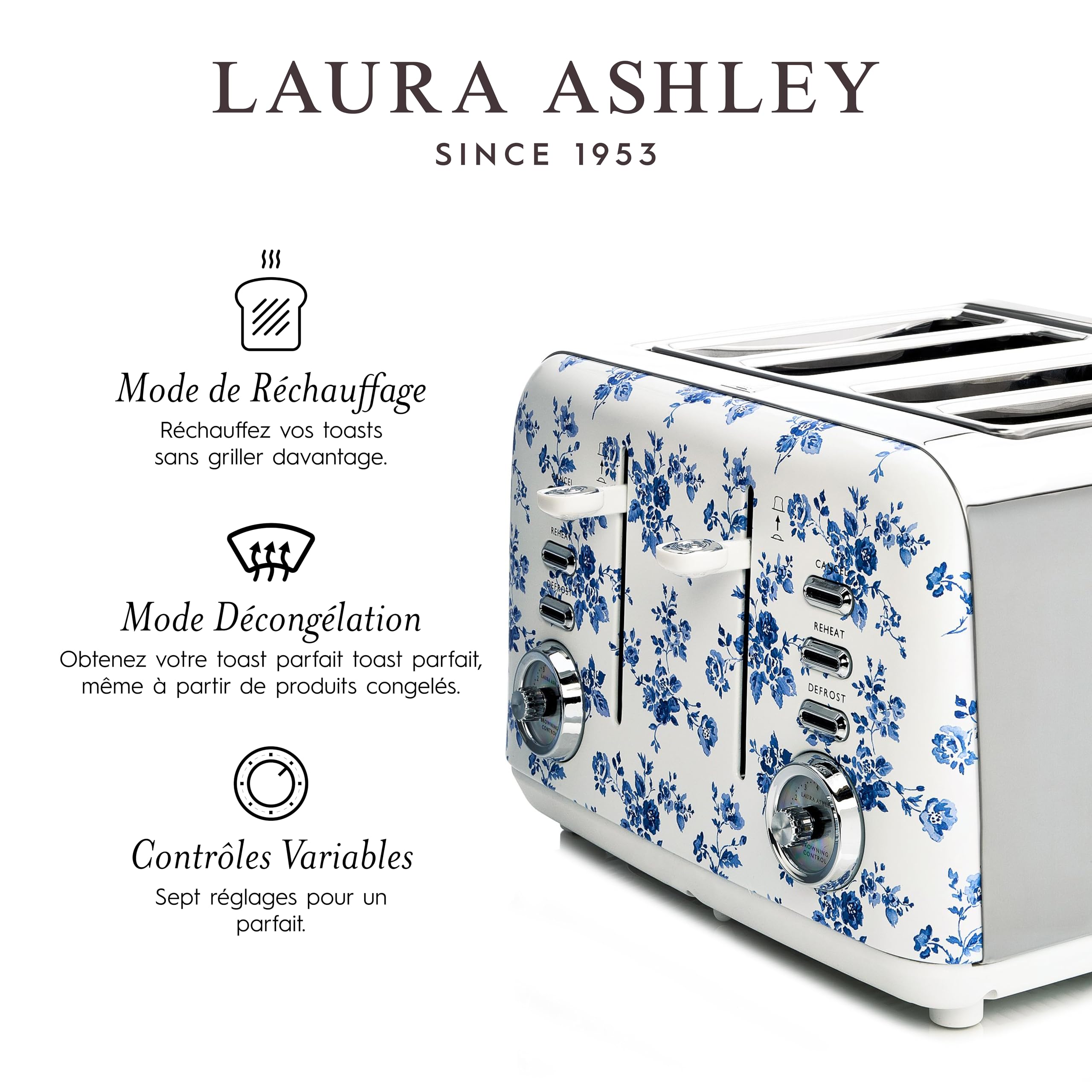 VQ Laura Ashley Grille-Pains 4 Tranches avec Modes de Chauffage, Décongélation et Réchauffage Réglables - Inox Grille Pain Vintage avec un Support de Réchauffage Pour Croissants - China Rose | Avec modes de chauffage, de décongélation et de réchauffement