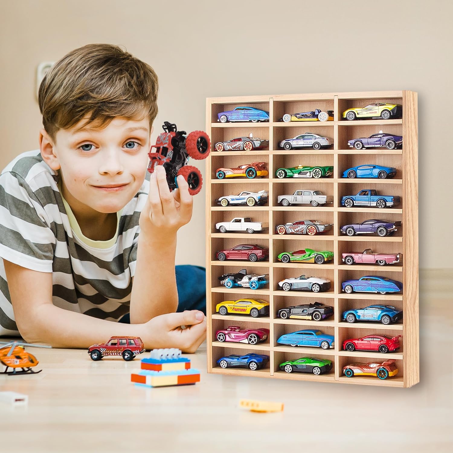 Stylish Wood Toy Cars Display Case with Removable Shelves, Wall-Mountable Organizer for Toy Cars and Matchbox Cars, Includes Hanging Screws (Wood-30 Slots)