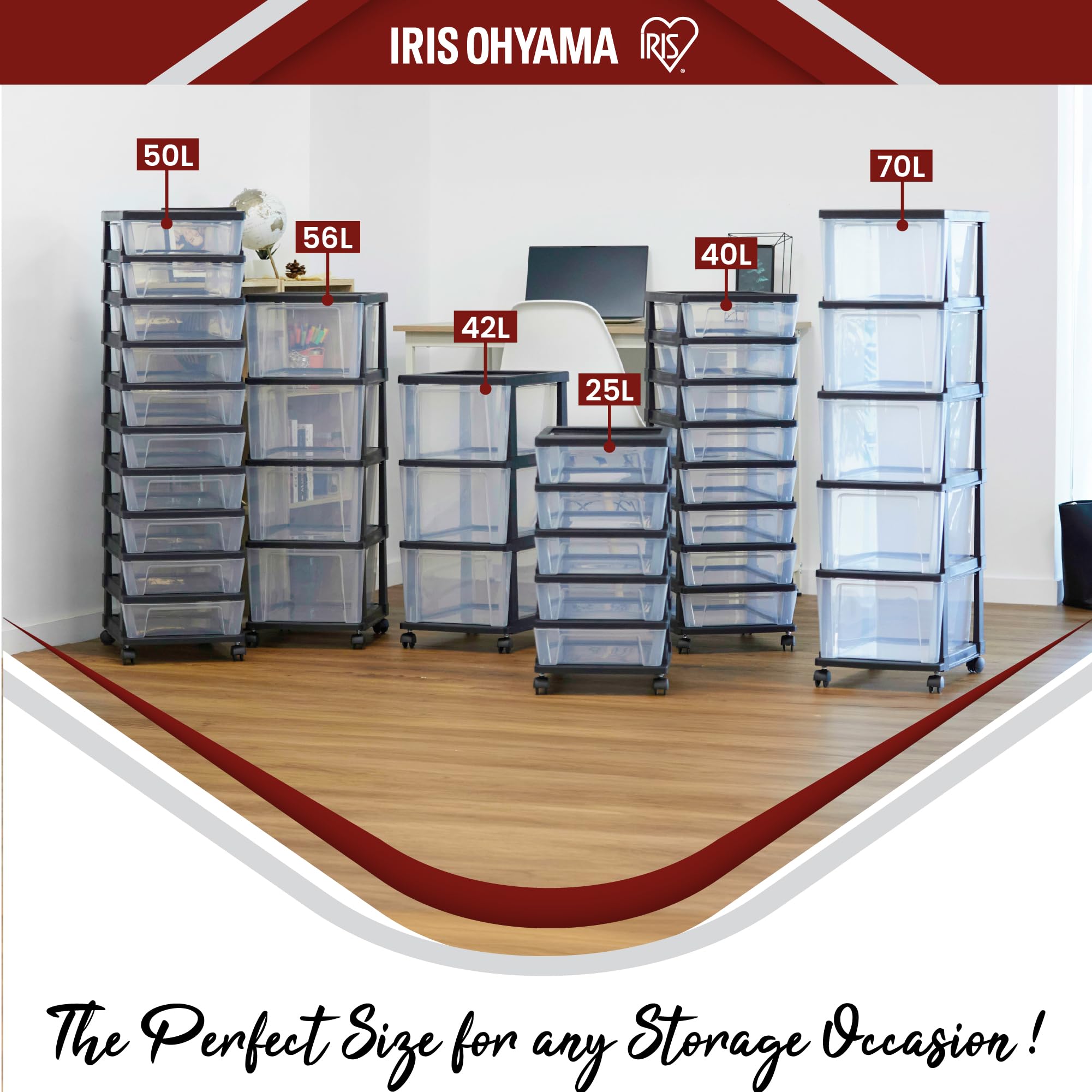 Iris Ohyama, Torre de Almacenamiento de Plástico con Ruedas, 10 Cajones Compactos, Negro, Fácil Apertura, Organizador para Oficina y Dormitorio, Sin BPA, KMC-010