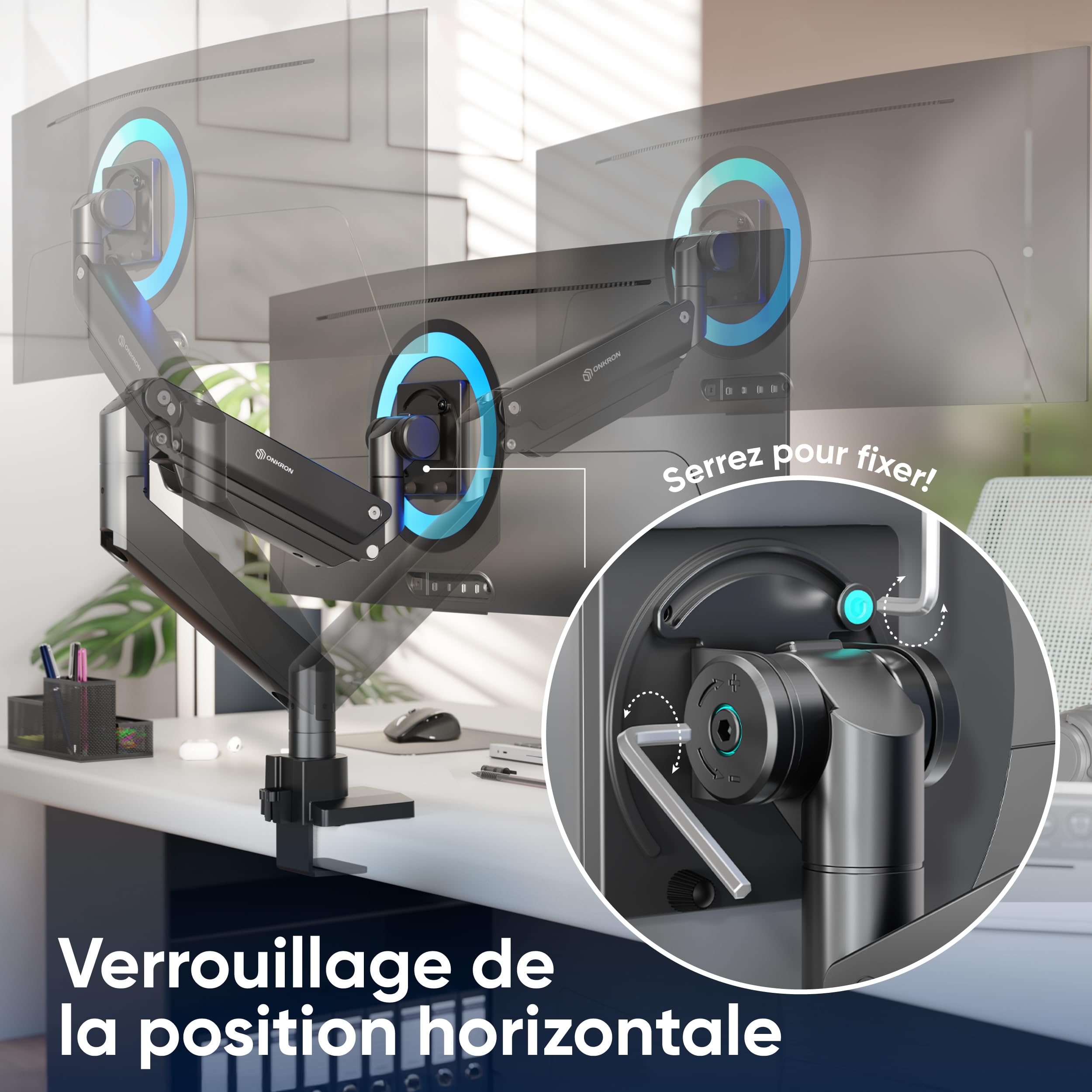 ONKRON Support Écran PC Ultra Large 17"-57" Bras Articulé 27 kg Gaz Ressort VESA 75x75-200x200 Inclinable Pivotant Rotatif G130-B Noir