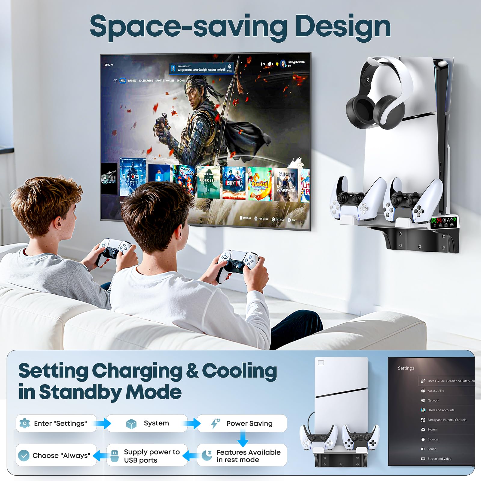 Kosker Supporto da Parete PS5 con Ventola di Raffreddamento a 3 Velocità, Support Muro PS5 con Caricatore Controller per P5/Slim/Pro Disc & Digital, Supporto Verticale P5 con Gancio per Cuffie