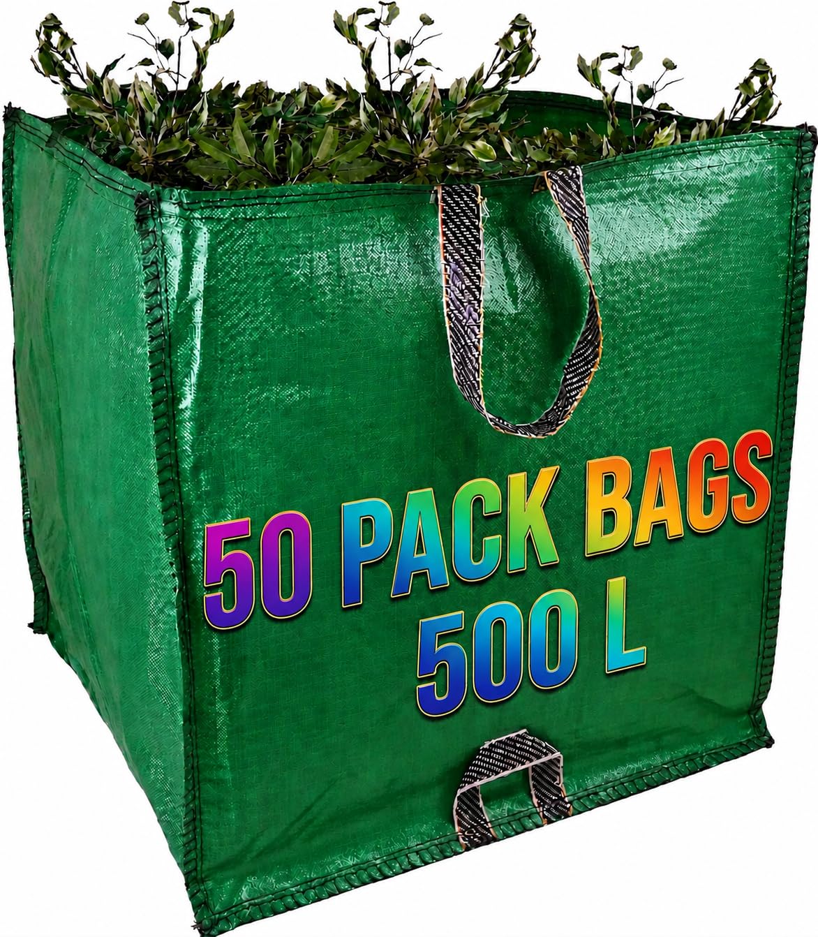 500L Jumbo Garden Waste Bags Heavy Duty – Premium Reusable Garden Sacks with Reinforced Industrial Handles – Large Green Waste Bags for Leaves, Grass, Branches, Rubble & Landscaping Waste (50)