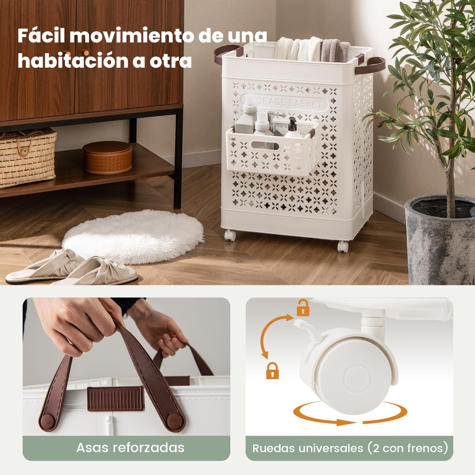 COSTWAY Cesta para Ropa Sucia Plegable 75 L, Cesto de La Colada, Cubo de Almacenamiento de Plástico con Asas y Estuche Pequeño Plegable, Cesto Popa Sucia con Ruedas, Blanco