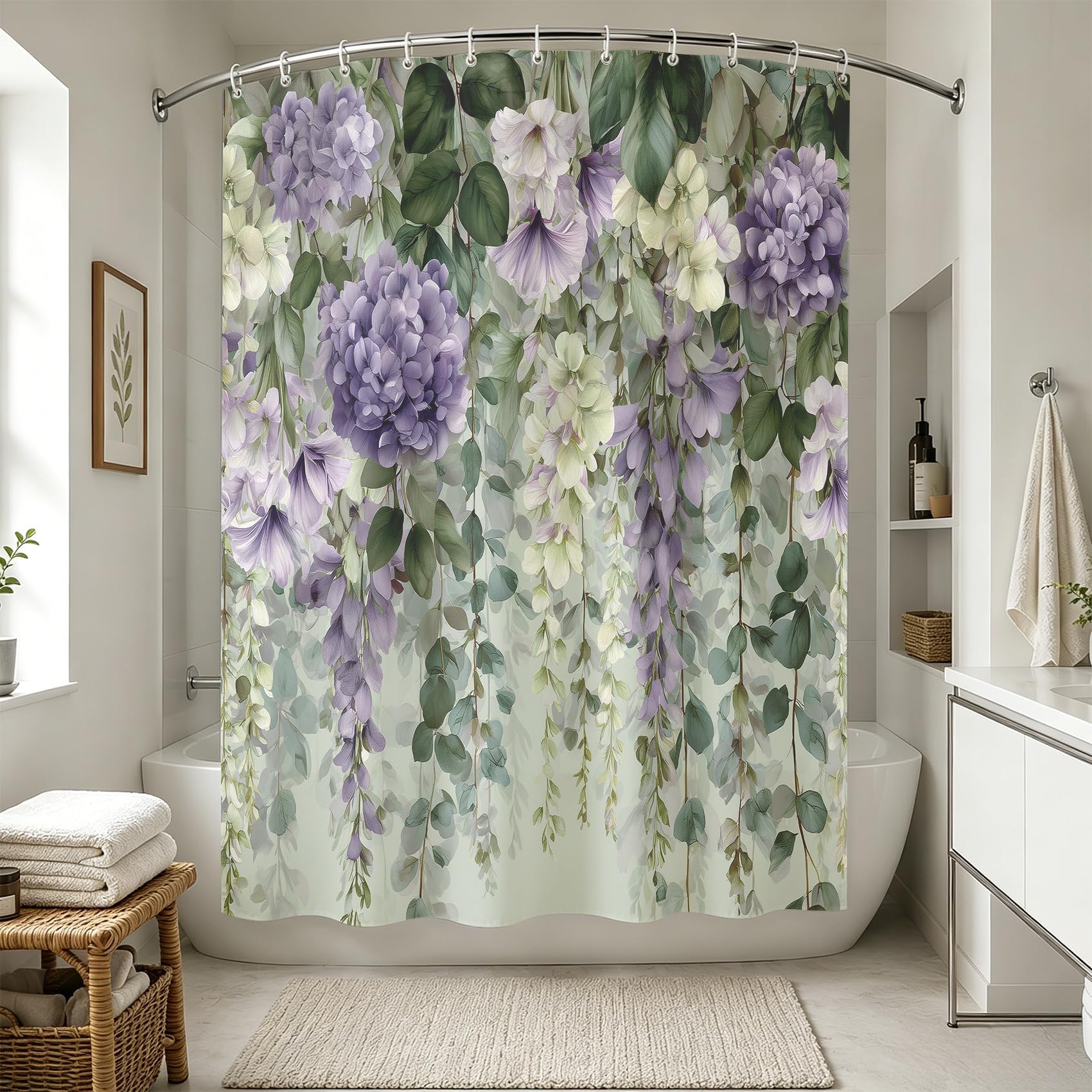 AUWUUA Watercolor Floral Leaves Shower Curtain 94x79in/240x200cm/WxH Wisteria Hydrangea Eucalyptus Leaf Bathroom Shower Curtain, Polyester Fabric Waterproof Washable Bathtub Curtains with Hooks