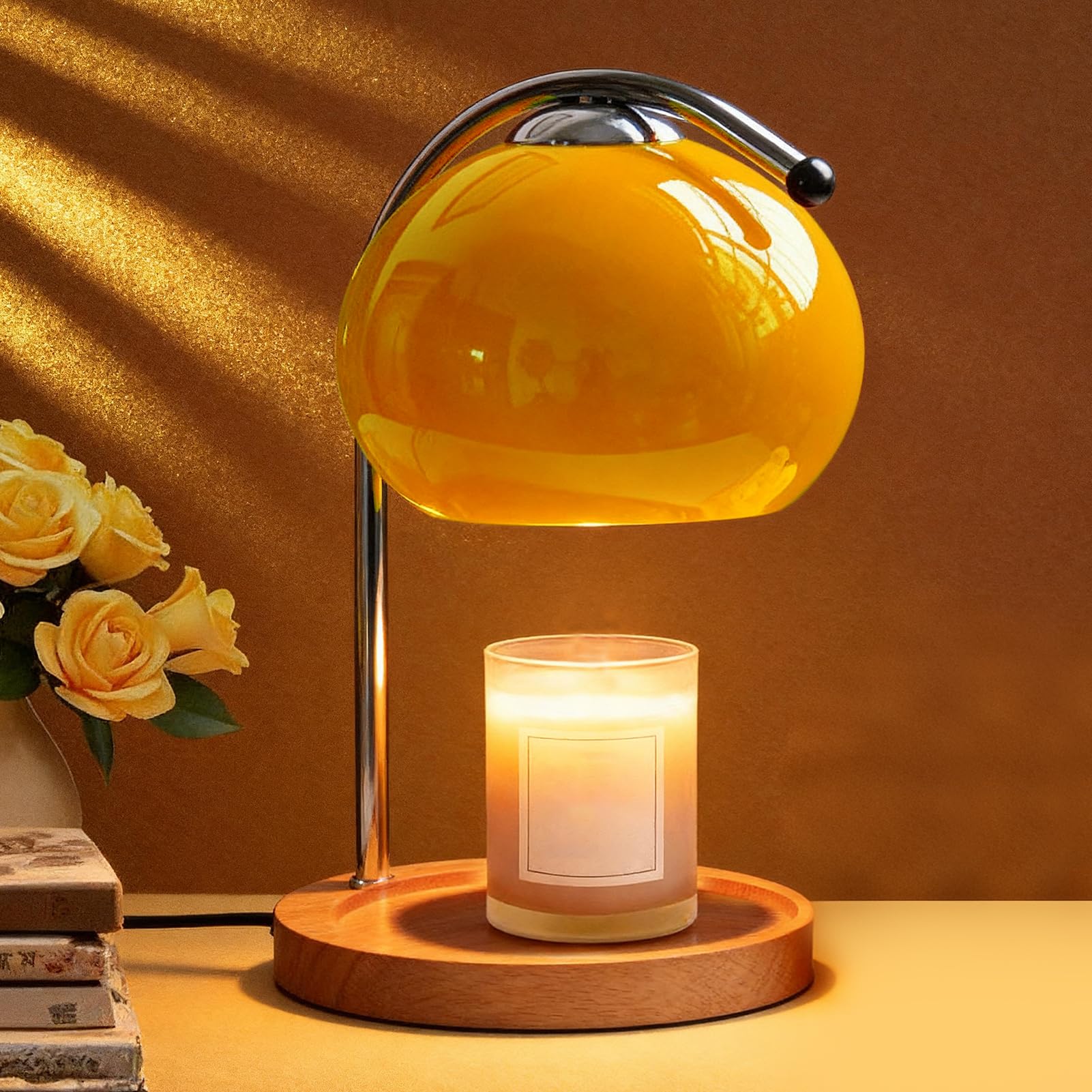 Topyond Aroma Wax Melting Lamp Retro Wood Storage Tray Glass Candle Warmer Desk Lamp Bedroom Bedside Ambient Table Lamp Home Decor US Plug Orange for