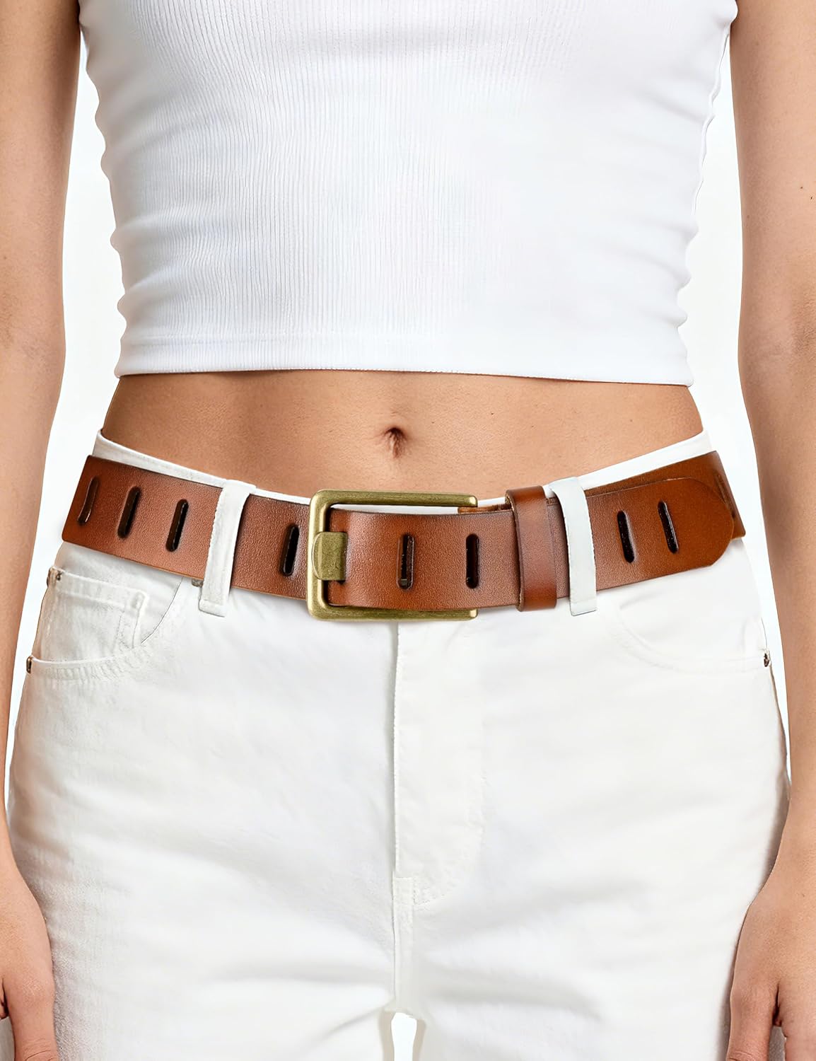 WHIPPY Genuine Leather Belt for Women Western Belt for Jeans with Vintage Gold Buckle & Full-Hole Strap, 1.5" Wide