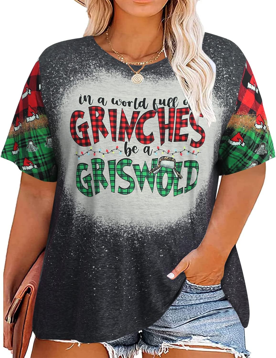 MNLYBABY Plus Size Christmas Shirt Women Merry Christmas Bleached T Plus Size Christmas Shirt