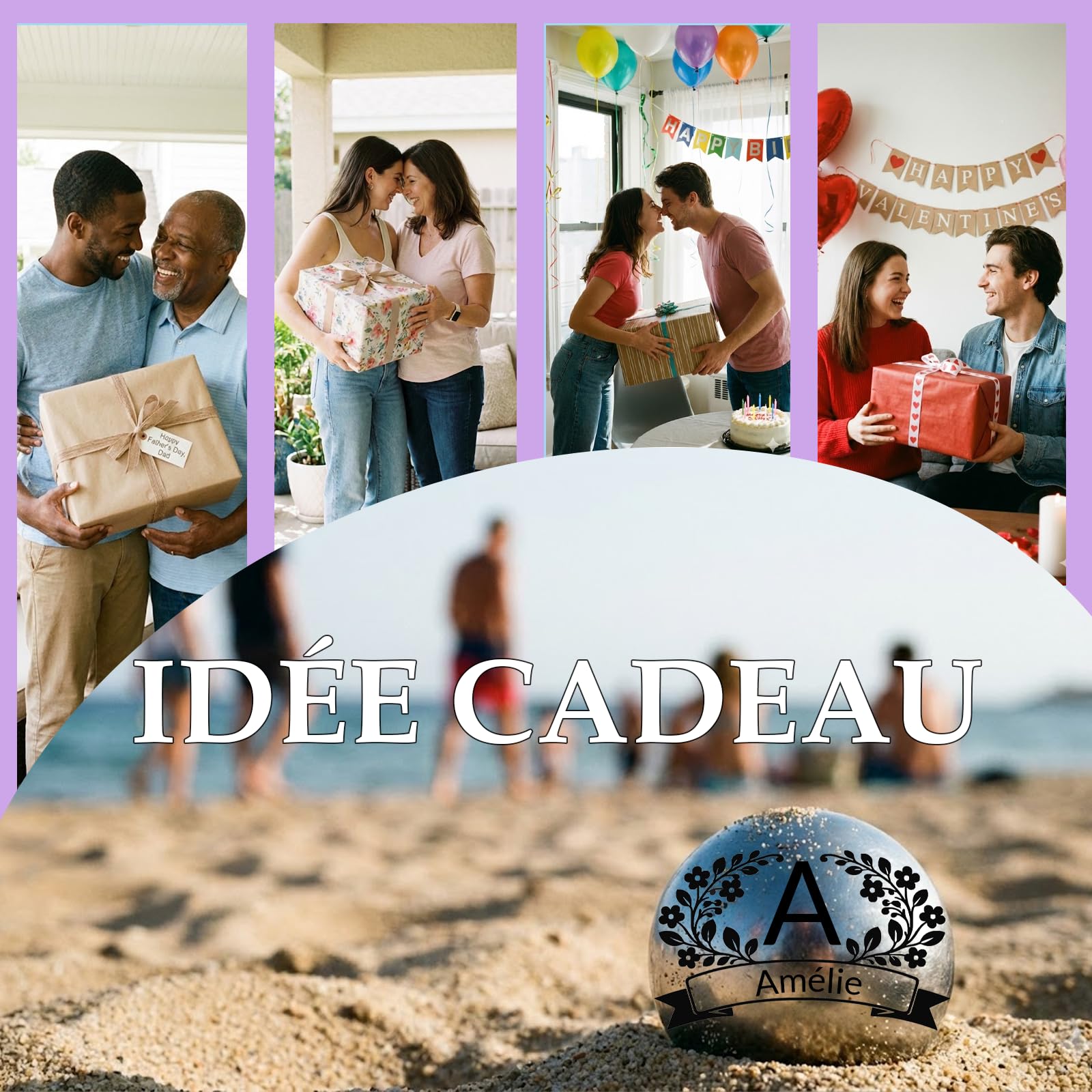 Boule de Pétanque Personnalisée 720g - Triplette avec Accessoires (Cochonnet, Sacoche, Mesureur) - Idée Cadeau pour Fête des Pères et Mères, Retraite, Anniversaire (Modèle Couronne de Fleurs)