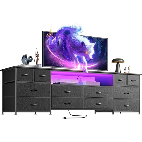 Huuger 70.9 Inch Dresser TV Stand with LED Lights, Power Outlets and USB-C Port, 12 Fabric Drawer Dresser for Bedroom, Wide Entertainment Center for 75, 80 Inch TV, Media Console, Open Shelf, Black
