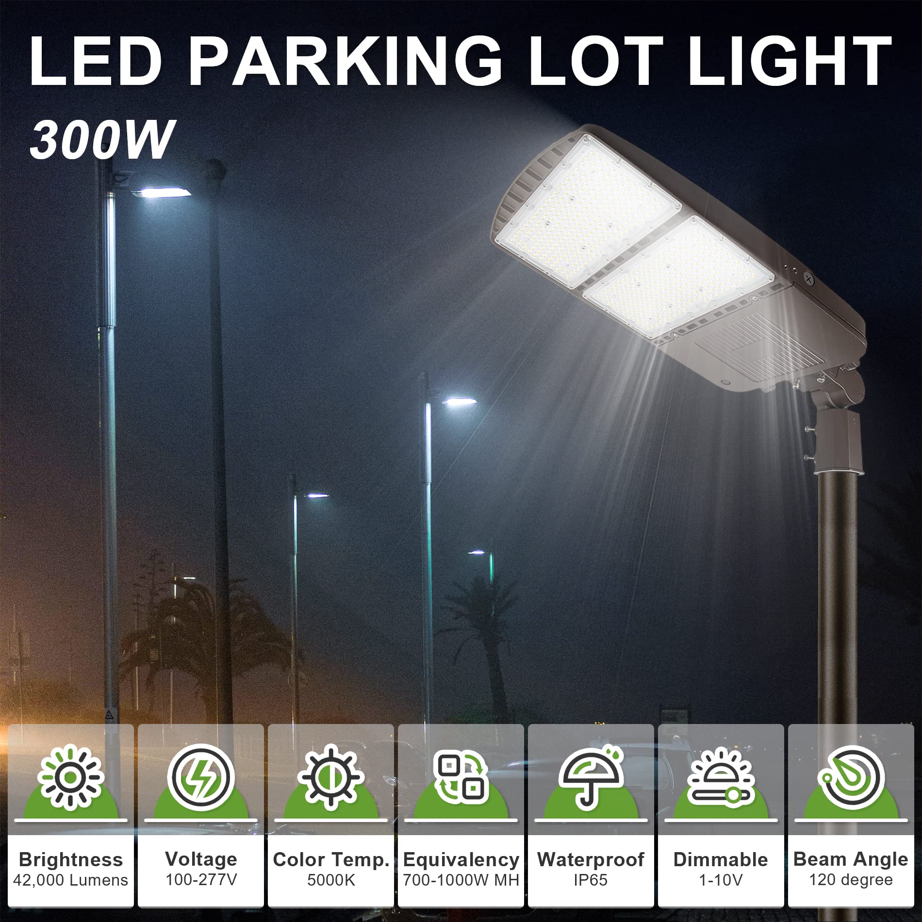 300W LED Parking Lot Pole Lights, DLC UL Listed 42000LM, 5000K Daylight 1000W MH Equiv. Commercial Street Area Pole Lighting Fixtures for Parking Lot, Street, Walkway