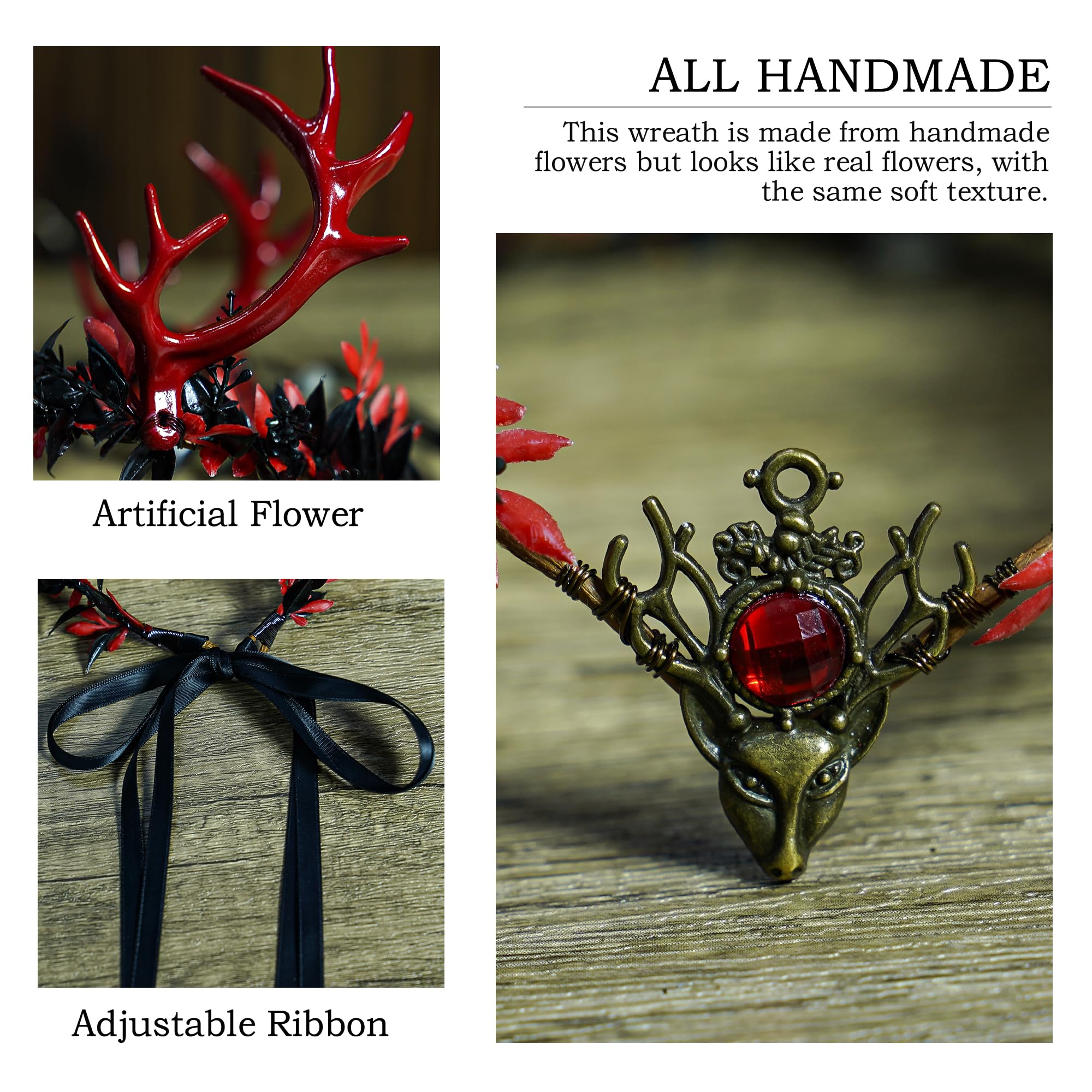 MOSTORY  Flower Antler Crown - Dark Reindeer Headpiece Gothic Elf Circlet Deer Horns Headband for Women Cosplay Renaissance Goth Wedding Renfaire Accessory: Red-black
